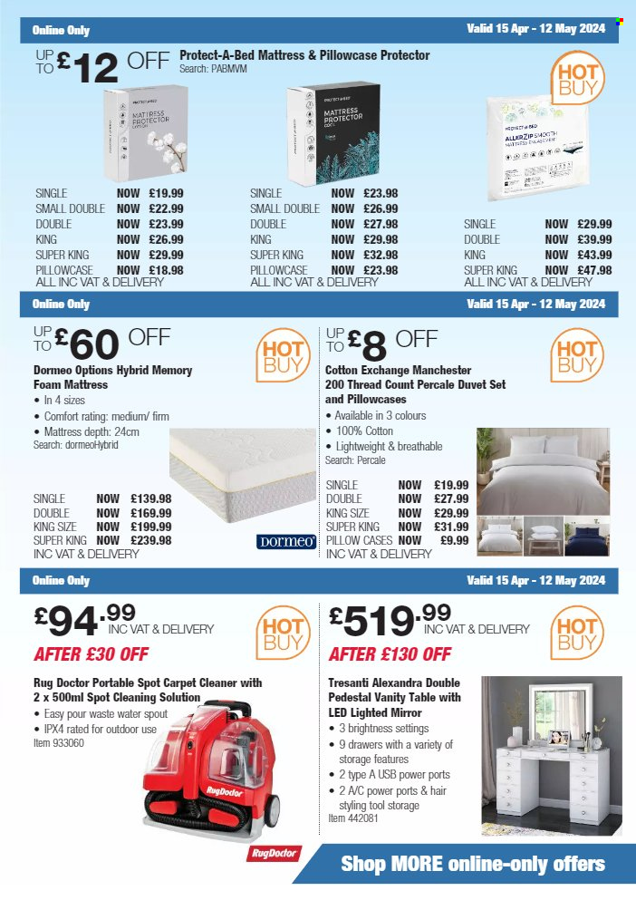 thumbnail - Costco offer  - 15/04/2024 - 12/05/2024 - Sales products - table, bed, mattress protector, foam mattress, vanity, mirror, water, carpet cleaner, hair styling product, thread, pillow, duvet, pillowcase, Protect-A-Bed, pedestal. Page 25.
