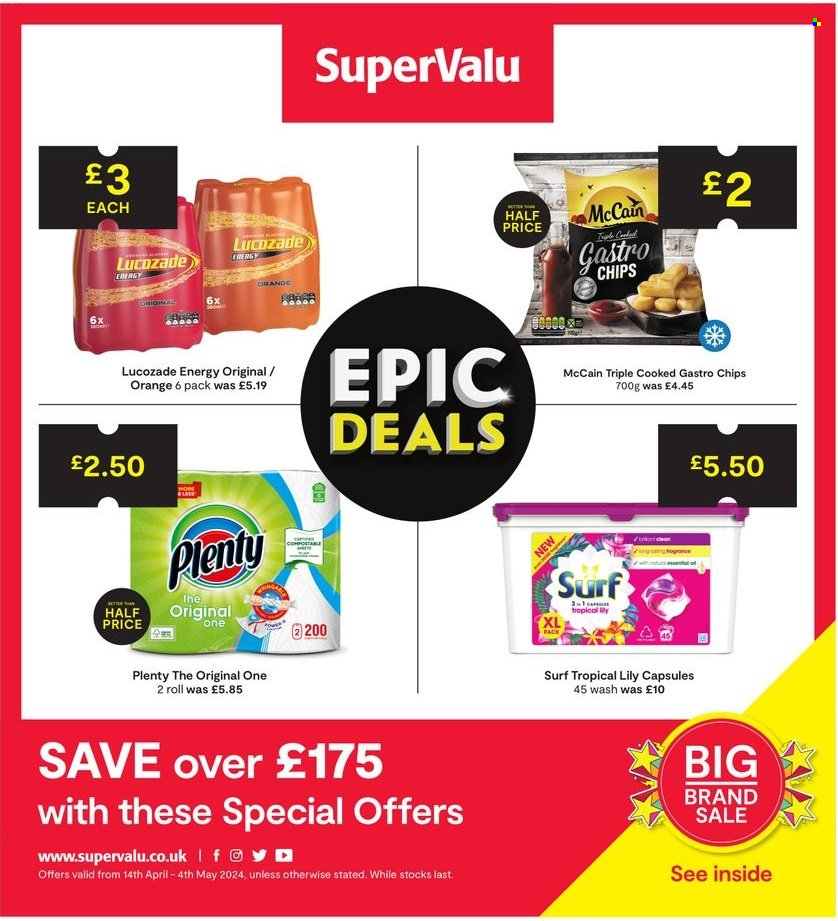 thumbnail - SuperValu offer  - 14/04/2024 - 04/05/2024 - Sales products - McCain, chips, Lucozade, Plenty, Surf, lily. Page 1.