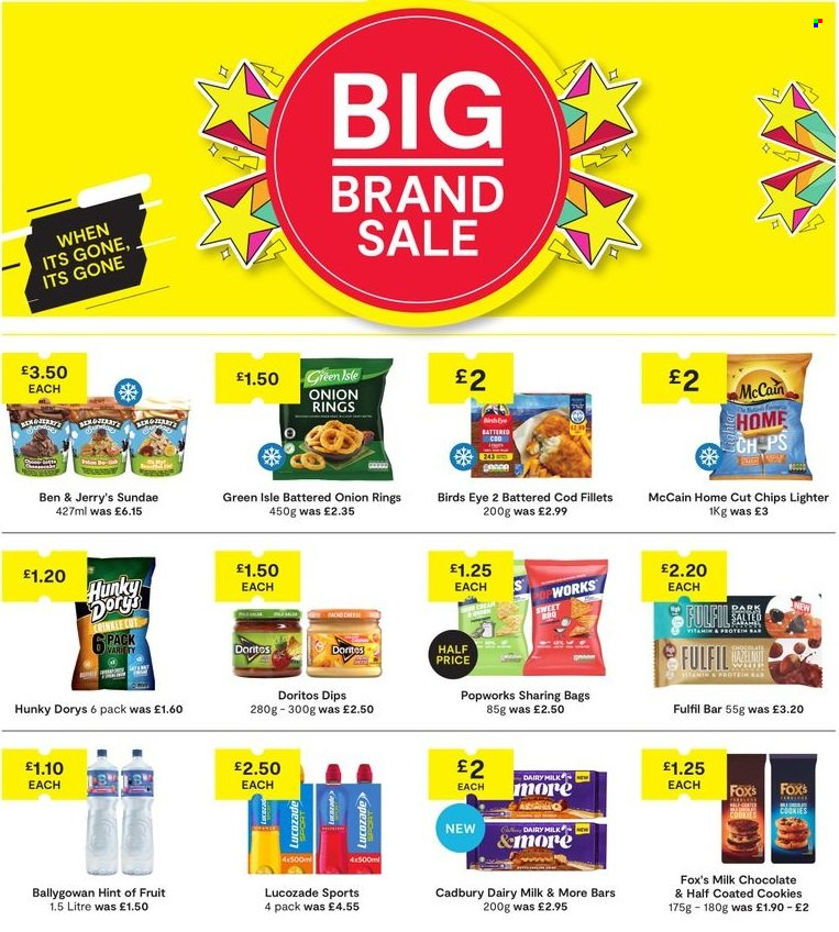 thumbnail - SuperValu offer  - 14/04/2024 - 04/05/2024 - Sales products - cod, fish fillets, onion rings, Bird's Eye, dip, ice cream, Ben & Jerry's, McCain, cookies, milk chocolate, chocolate, Cadbury, Dairy Milk, bars, Doritos, salty snack, Lucozade, Ballygowan. Page 4.