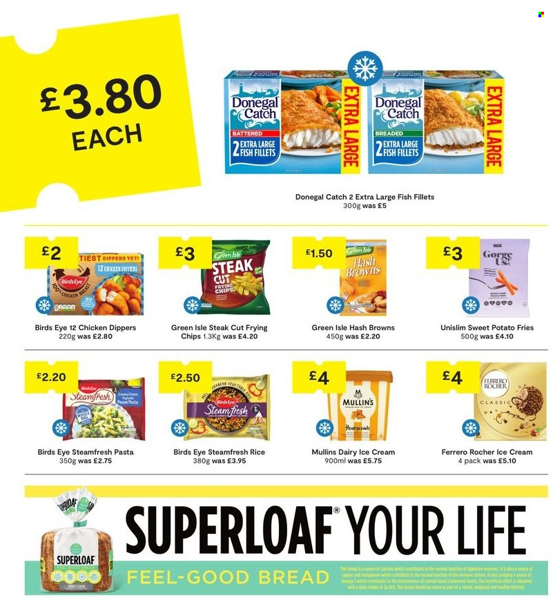 thumbnail - SuperValu offer  - 14/04/2024 - 04/05/2024 - Sales products - sweet potato, chicken, steak, bread, fish fillets, pasta, Bird's Eye, ice cream, chicken dippers, Donegal Catch, hash browns, sweet potato fries, Ferrero Rocher, chips, rice. Page 8.