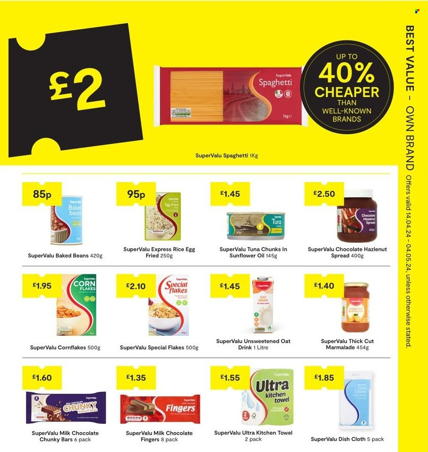 thumbnail - SuperValu offer  - 14/04/2024 - 04/05/2024 - Sales products - beans, tuna, spaghetti, pasta, ready meal, oat milk, milk chocolate, chocolate, bars, baked beans, corn flakes, rice, marmalade, kitchen towels. Page 11.