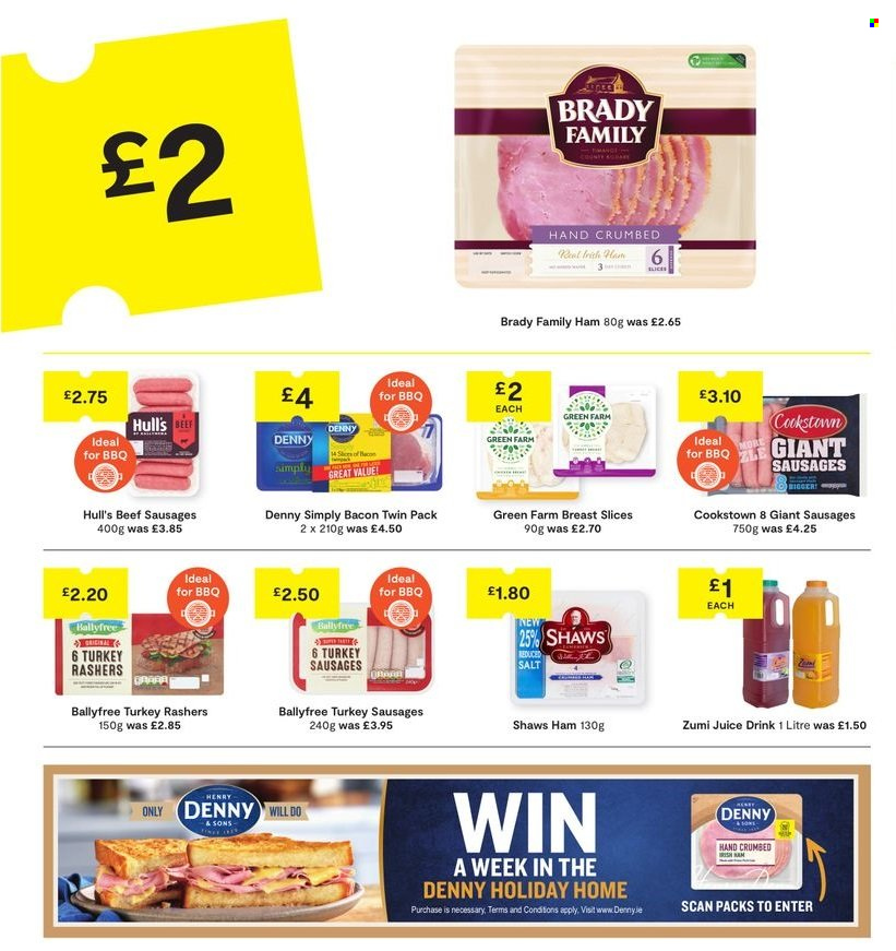thumbnail - SuperValu offer  - 14/04/2024 - 04/05/2024 - Sales products - ready meal, bacon, ham, sausage, beef sausage, salt, juice, fruit drink. Page 12.