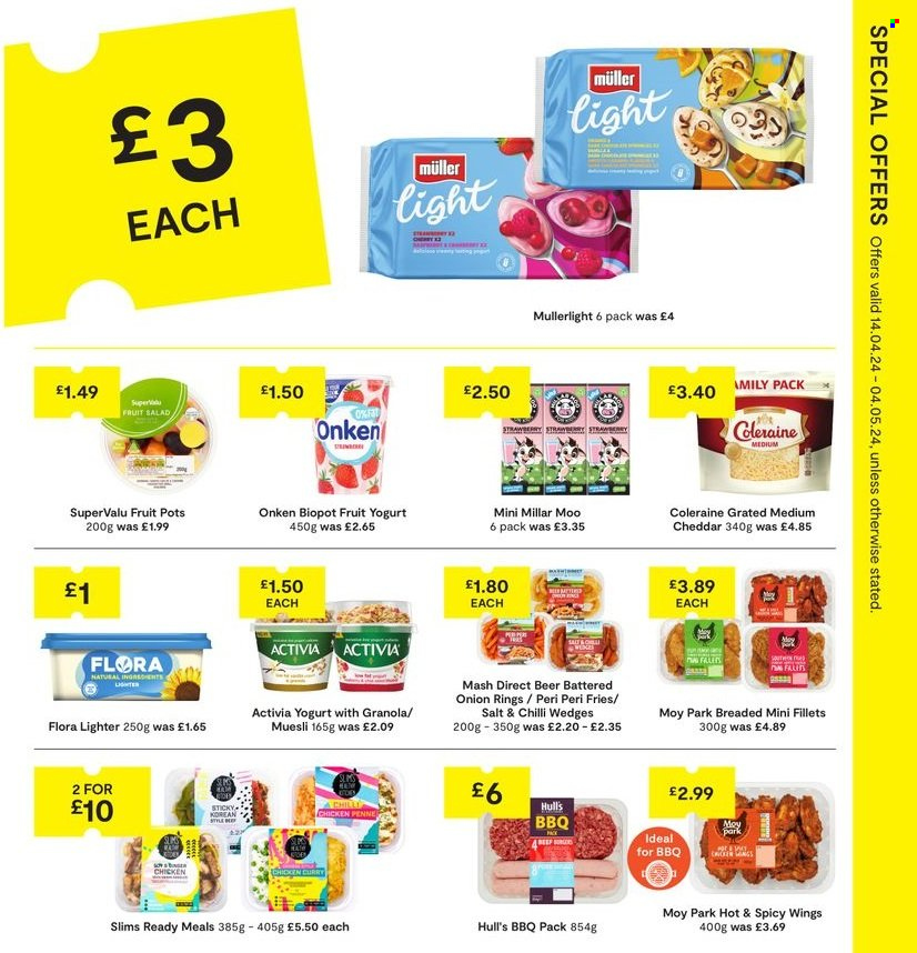 thumbnail - SuperValu offer  - 14/04/2024 - 04/05/2024 - Sales products - chicken, BBQ pack, onion rings, pasta, ready meal, cheddar, cheese, yoghurt, Müller, Activia, Flora, potato fries, fruit salad, granola, muesli, penne. Page 13.