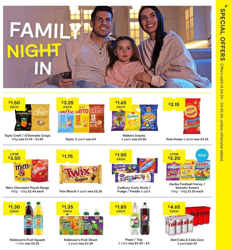thumbnail - SuperValu offer  - 14/04/2024 - 04/05/2024 - Sales products - snack, biscuit, fudge, chocolate, chewing gum, Haribo, Twix, Mars, M&M's, Cadbury, Maltesers, Dairy Milk, Swizzels, chocolate candies, sweets, Tayto, Hula Hoops, crisps, Coca-Cola, Pepsi, Coca-Cola zero, Diet Coke, soft drink, 7UP, Coke, carbonated soft drink. Page 15.