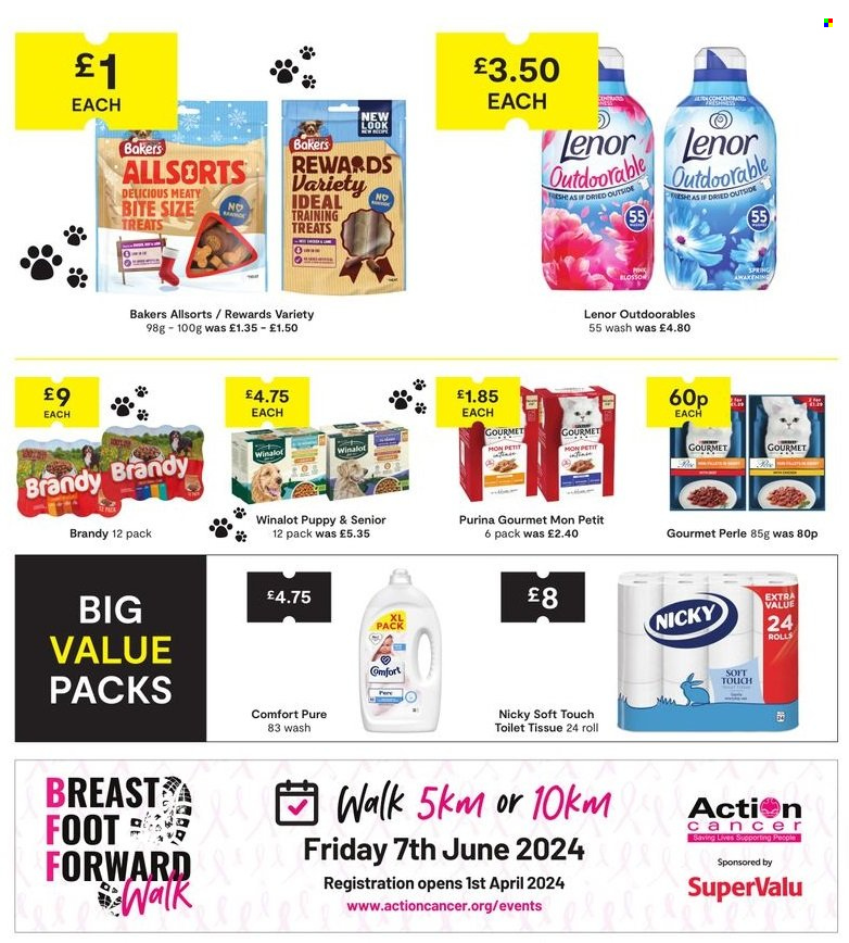 thumbnail - SuperValu offer  - 14/04/2024 - 04/05/2024 - Sales products - alcohol, brandy, toilet paper, fabric softener, Lenor, Comfort softener, Purina, Winalot, Bakers. Page 16.
