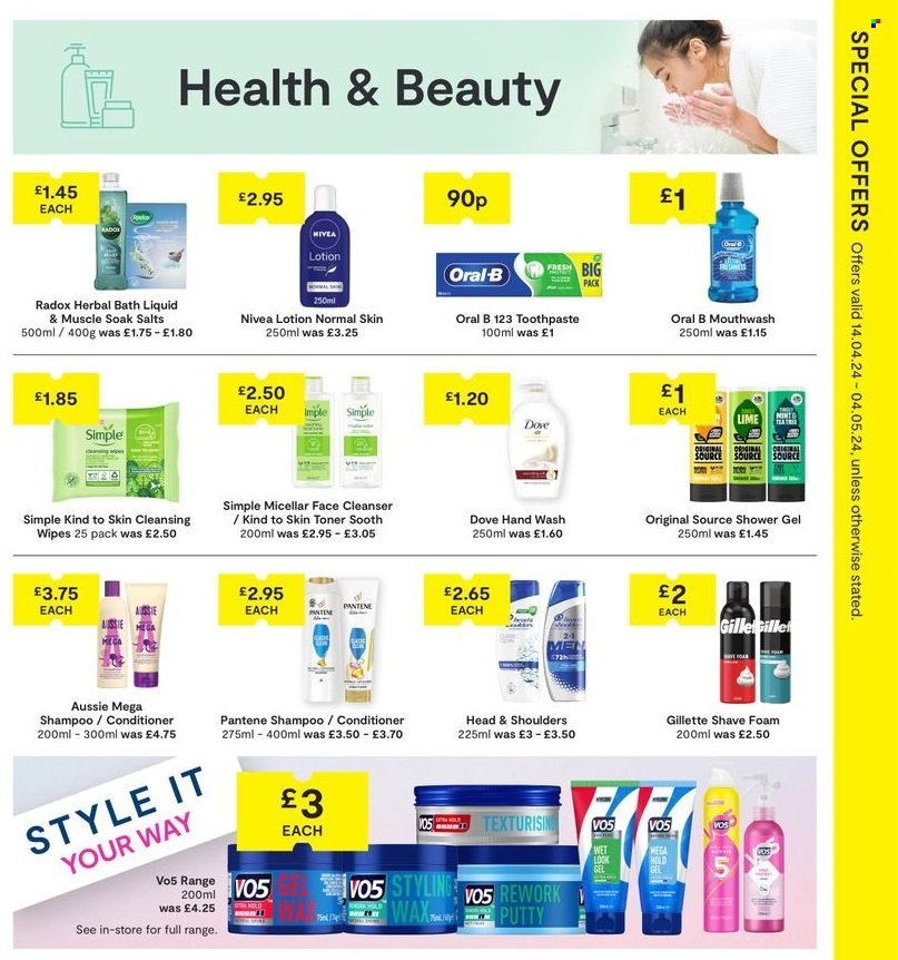 thumbnail - SuperValu offer  - 14/04/2024 - 04/05/2024 - Sales products - Dove, cleansing wipes, wipes, Nivea, shampoo, shower gel, hand wash, Radox, Oral-B, toothpaste, mouthwash, cleanser, Gillette, toner, Aussie, conditioner, Head & Shoulders, Pantene, VO5, body lotion, shave foam. Page 17.