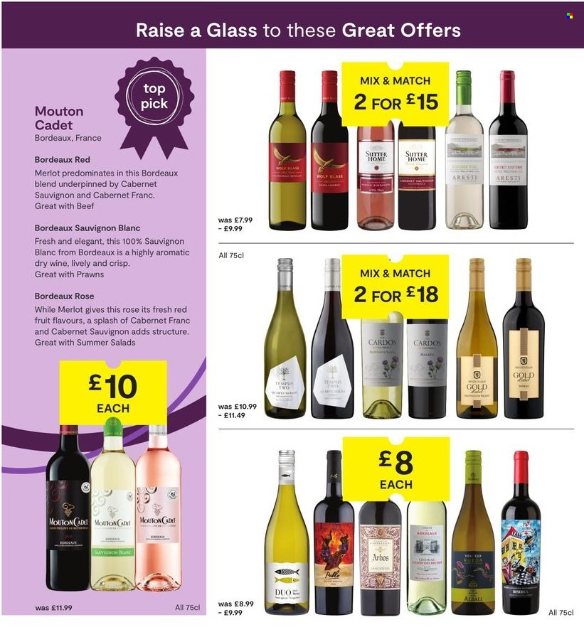 thumbnail - SuperValu offer  - 14/04/2024 - 04/05/2024 - Sales products - alcohol, salad, prawns, Cabernet Sauvignon, red wine, white wine, wine, Merlot, Sauvignon Blanc, Bordeaux. Page 20.