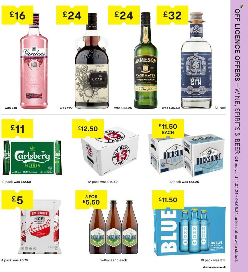 thumbnail - SuperValu offer  - 14/04/2024 - 04/05/2024 - Sales products - beer, Carlsberg, alcohol, Rockshore, stout, gin, Smirnoff, vodka, whiskey, irish whiskey, Jameson, Gordon's. Page 21.