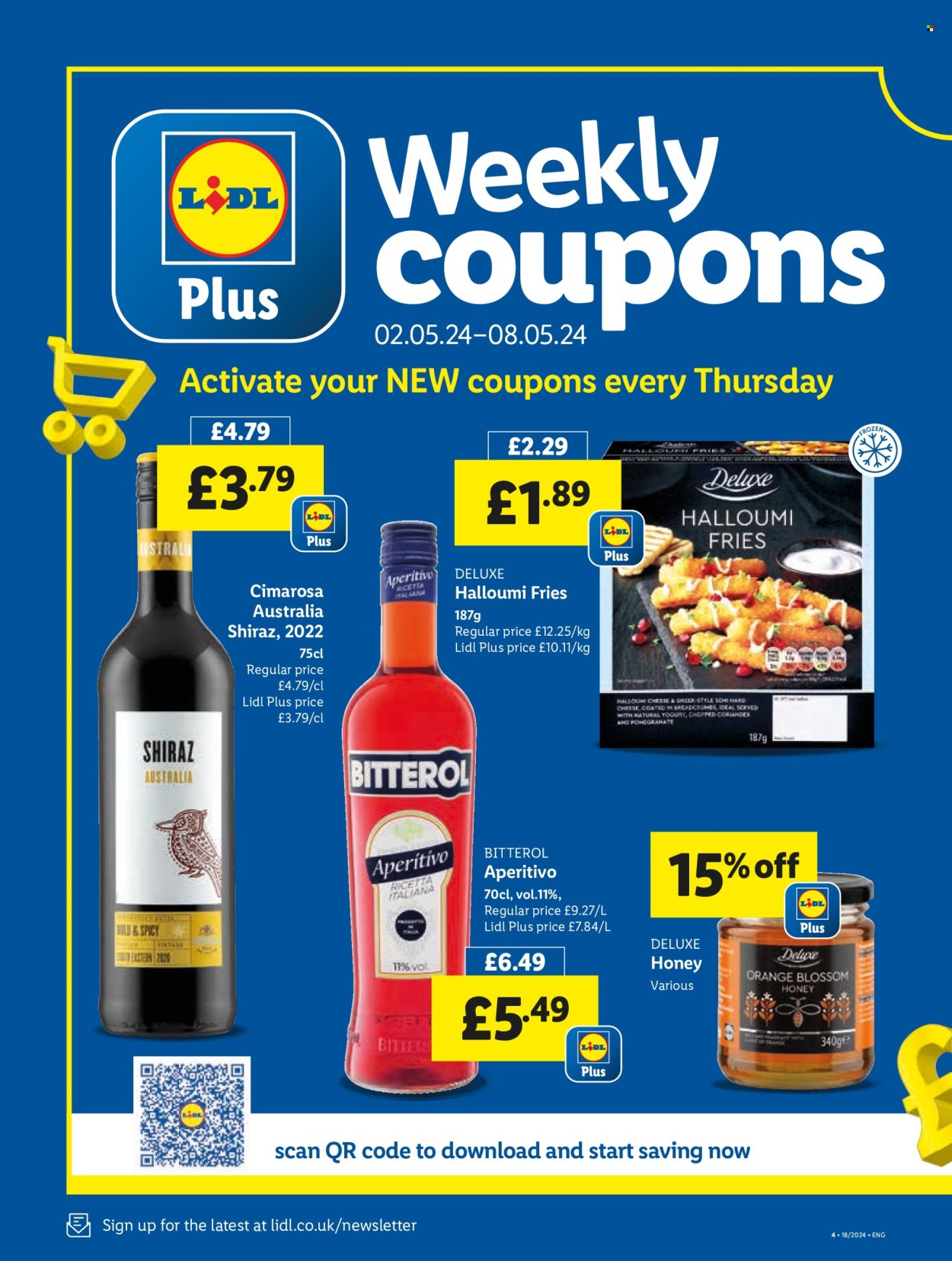 thumbnail - Lidl offer  - 02/05/2024 - 03/05/2024 - Sales products - alcohol, pomegranate, halloumi, grilling cheese, yoghurt, honey, red wine, wine, Shiraz, aperitivo, Bitterol. Page 4.