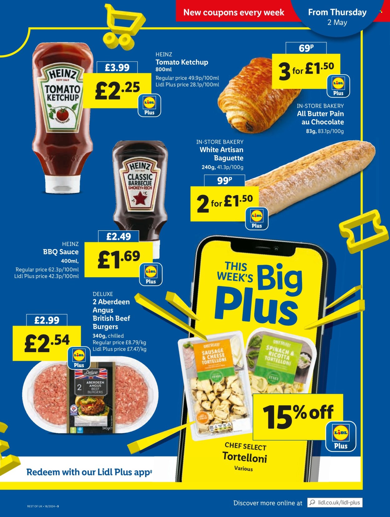 thumbnail - Lidl offer  - 02/05/2024 - 03/05/2024 - Sales products - hamburger, baguette, beef burger, tortelloni, sausage, chocolate, Heinz, BBQ sauce, ketchup, sauce. Page 5.