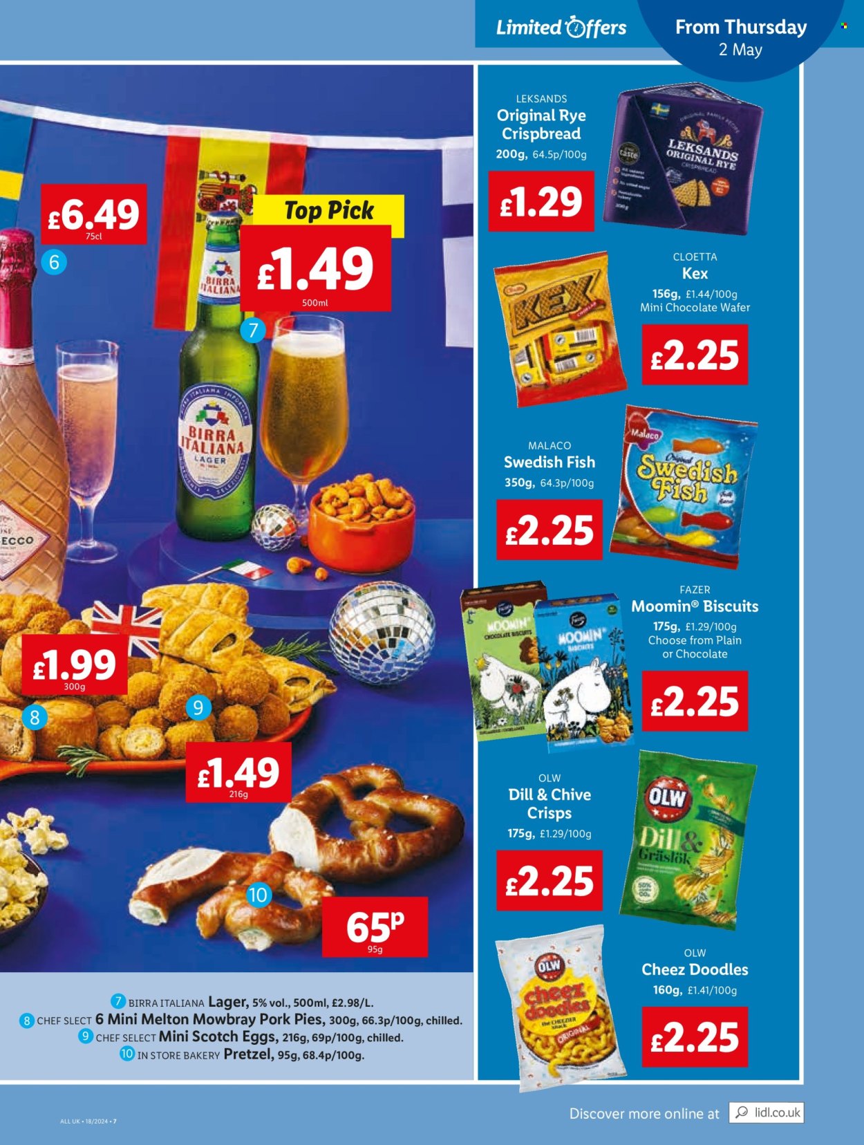 thumbnail - Lidl offer  - 02/05/2024 - 03/05/2024 - Sales products - beer, alcohol, Lager, pretzels, Melton Mowbray, pork pie, rye crispbread, crispbread, meat pie, scotch egg, biscuit, wafers, chocolate wafer, crisps, dill. Page 7.