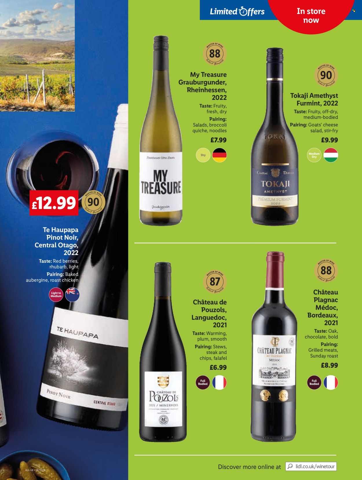 thumbnail - Lidl offer  - 02/05/2024 - 03/05/2024 - Sales products - alcohol, eggplant, chicken roast, plant based ready meal, falafel, goat cheese, chocolate, red wine, white wine, wine, Pinot Noir, Bordeaux, Tokaji. Page 9.