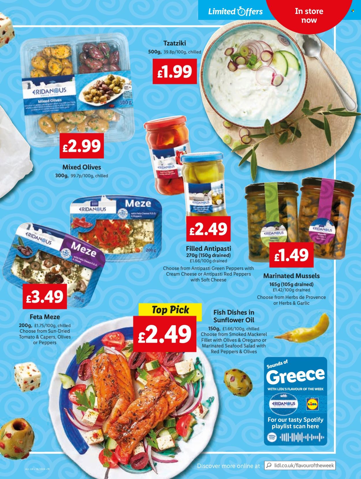 thumbnail - Lidl offer  - 02/05/2024 - 03/05/2024 - Sales products - salad, peppers, mackerel, mussels, fish, antipasti, tzatziki, seafood salad, smoked mackerel, feta, soft cheese, capers, olives. Page 13.