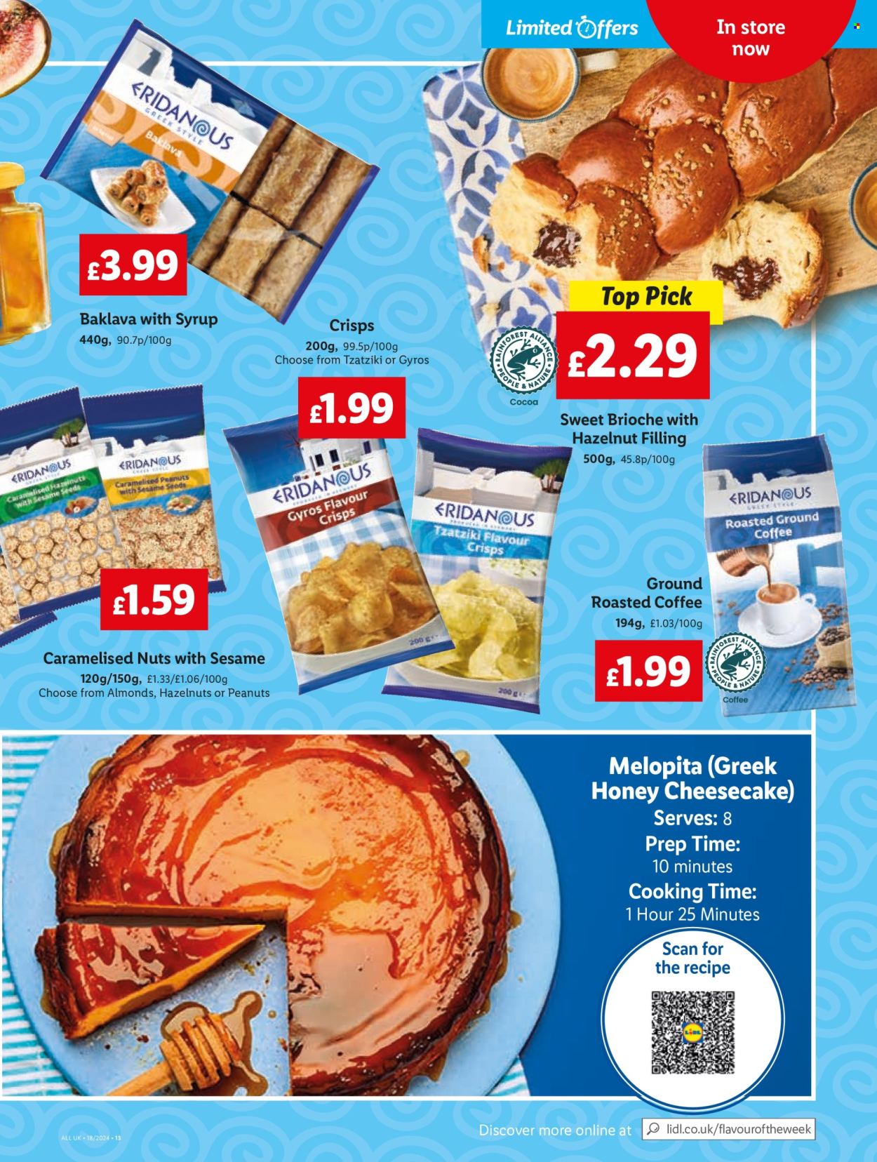 thumbnail - Lidl offer  - 02/05/2024 - 03/05/2024 - Sales products - brioche, cheesecake, baklava, ready meal, crisps, cocoa, honey, almonds, hazelnuts, coffee, ground coffee. Page 15.