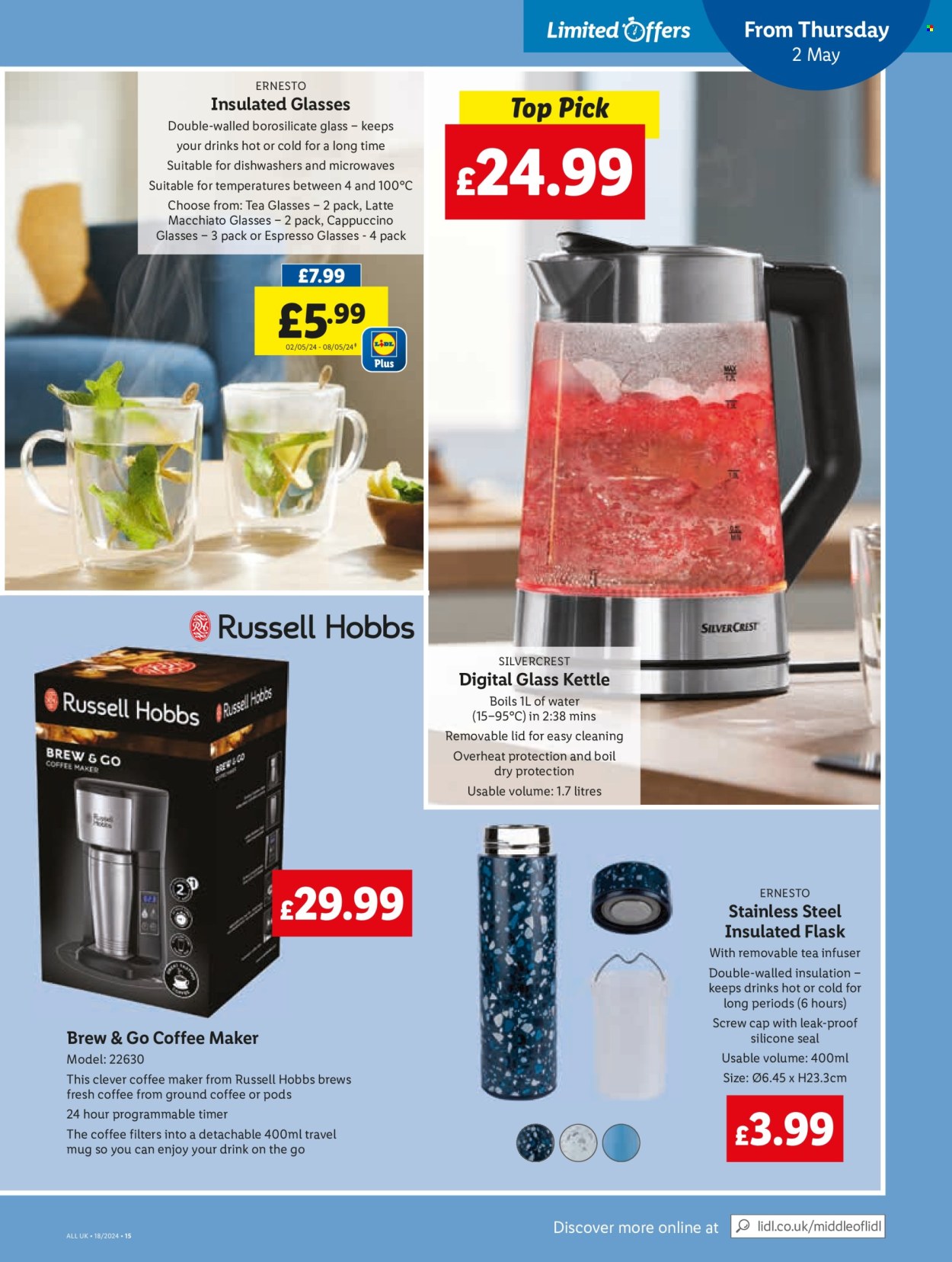 thumbnail - Lidl offer  - 02/05/2024 - 03/05/2024 - Sales products - SilverCrest, coffee pods, ground coffee, Ernesto, mug, travel mug, coffee filter, drinks glasses, thermoflask, coffee machine, Russell Hobbs, kettle, timer, screw. Page 17.