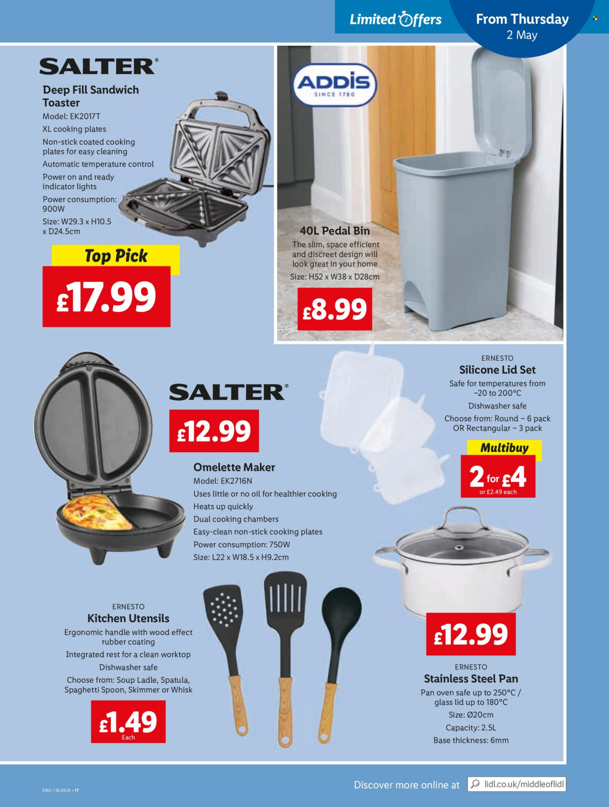 thumbnail - Lidl offer  - 02/05/2024 - 03/05/2024 - Sales products - spaghetti, sandwich, soup, pasta, trash can, bin, Ernesto, spatula, spoon, utensils, pan, eraser, toaster, omelette maker. Page 19.