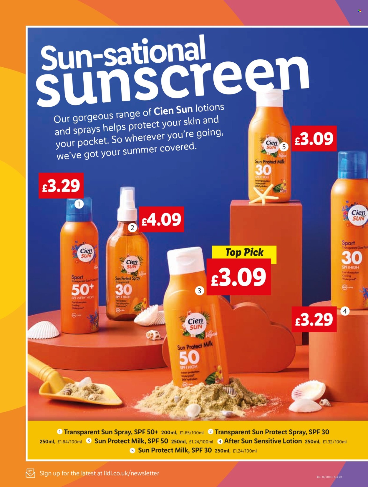 thumbnail - Lidl offer  - 02/05/2024 - 03/05/2024 - Sales products - milk, Cien, sun care, sunscreen lotion, sun spray. Page 26.
