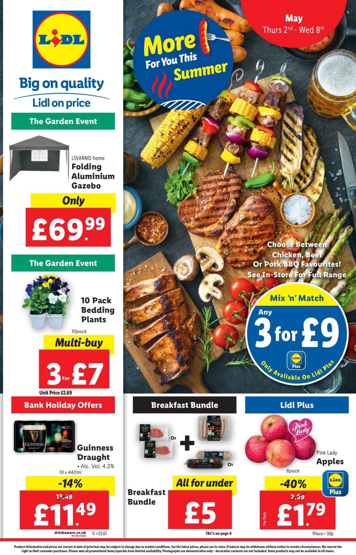 thumbnail - Lidl offer  - 02/05/2024 - 08/05/2024 - Sales products - beer, alcohol, Guinness, Pink Lady, chicken, breakfast bundle, gazebo, outdoor plant. Page 1.