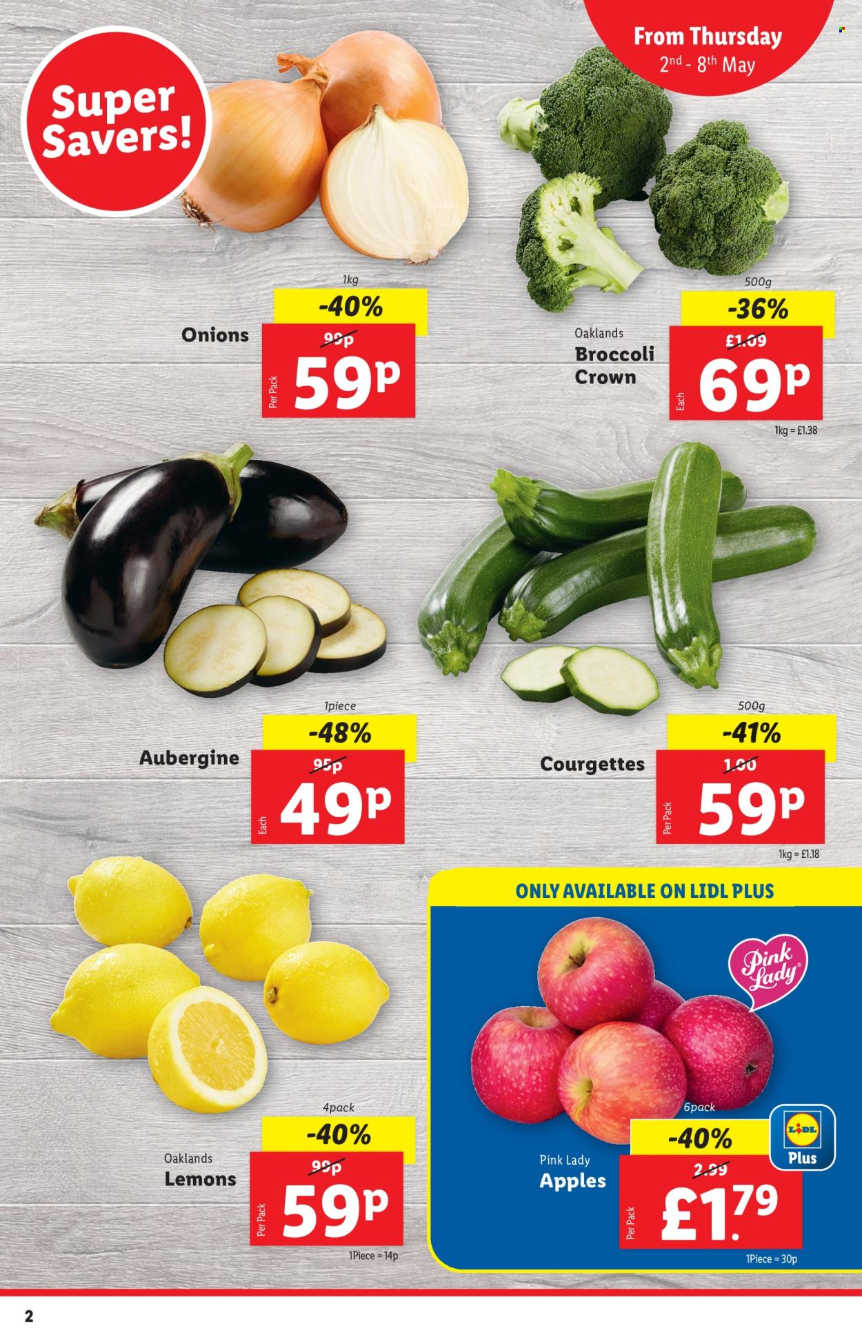 thumbnail - Lidl offer  - 02/05/2024 - 08/05/2024 - Sales products - broccoli, eggplant, onion, courgette, lemons, apples, Pink Lady. Page 2.