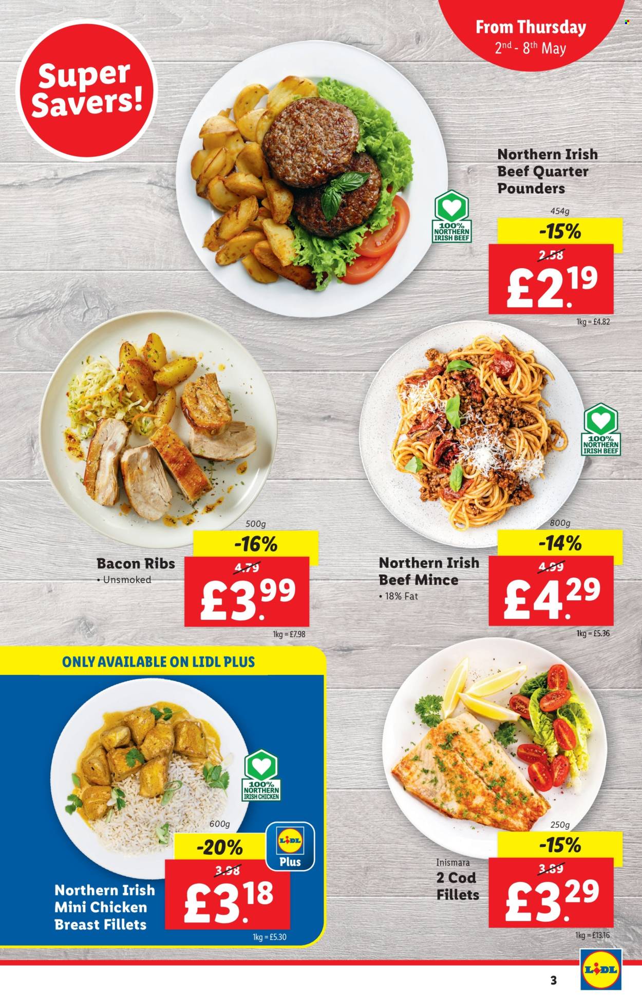 thumbnail - Lidl offer  - 02/05/2024 - 08/05/2024 - Sales products - chicken breasts, chicken, beef meat, ground beef, ribs, cod, fish fillets, beef burger, bacon. Page 3.