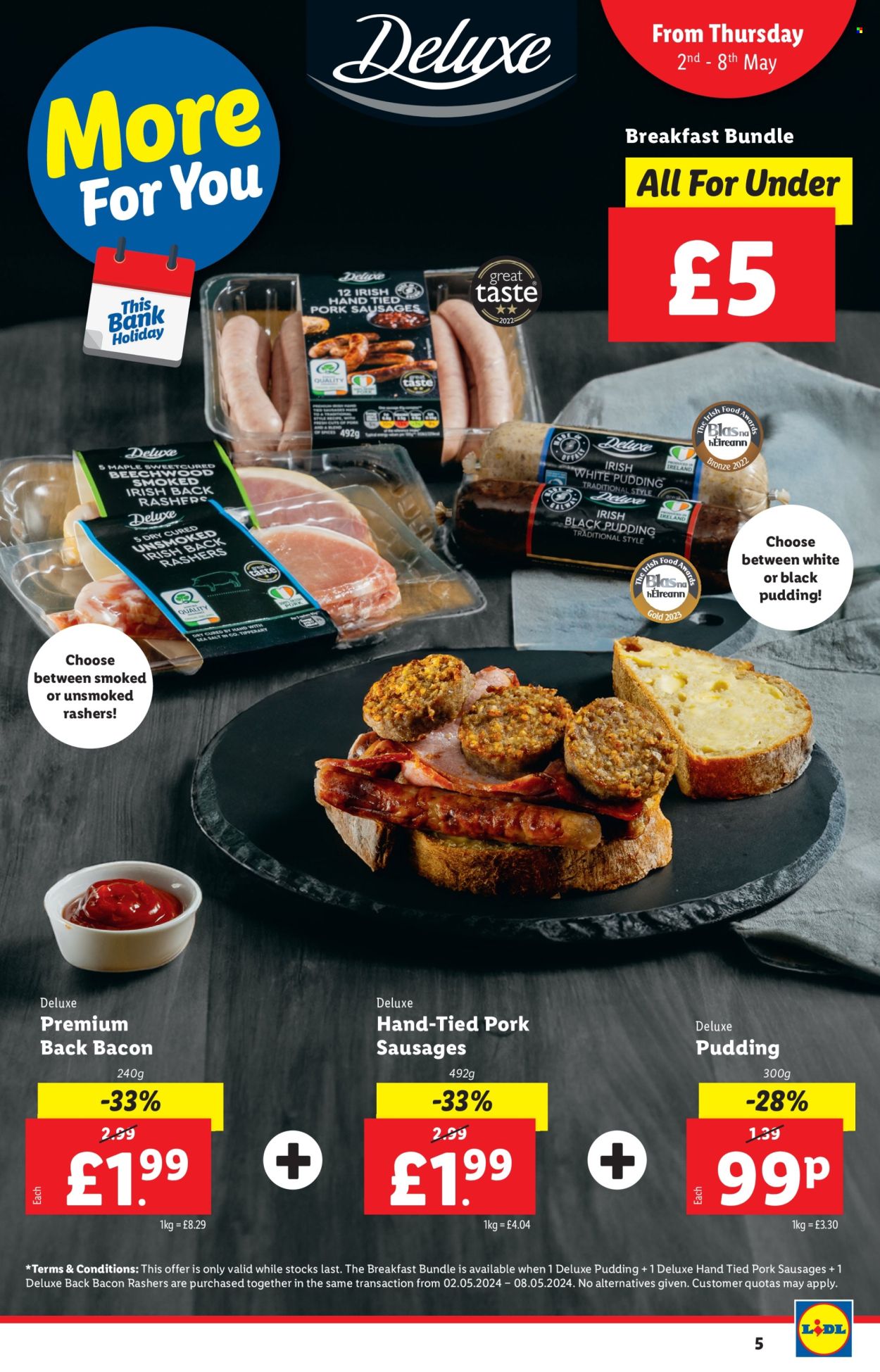 thumbnail - Lidl offer  - 02/05/2024 - 08/05/2024 - Sales products - breakfast bundle, bacon, sausage, pork sausage, black pudding, white pudding, spice, flowers. Page 5.