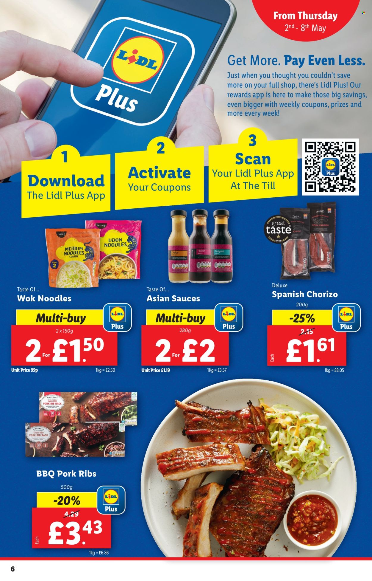 thumbnail - Lidl offer  - 02/05/2024 - 08/05/2024 - Sales products - ribs, pork meat, pork ribs, noodles, chorizo, hoisin sauce, wok. Page 6.