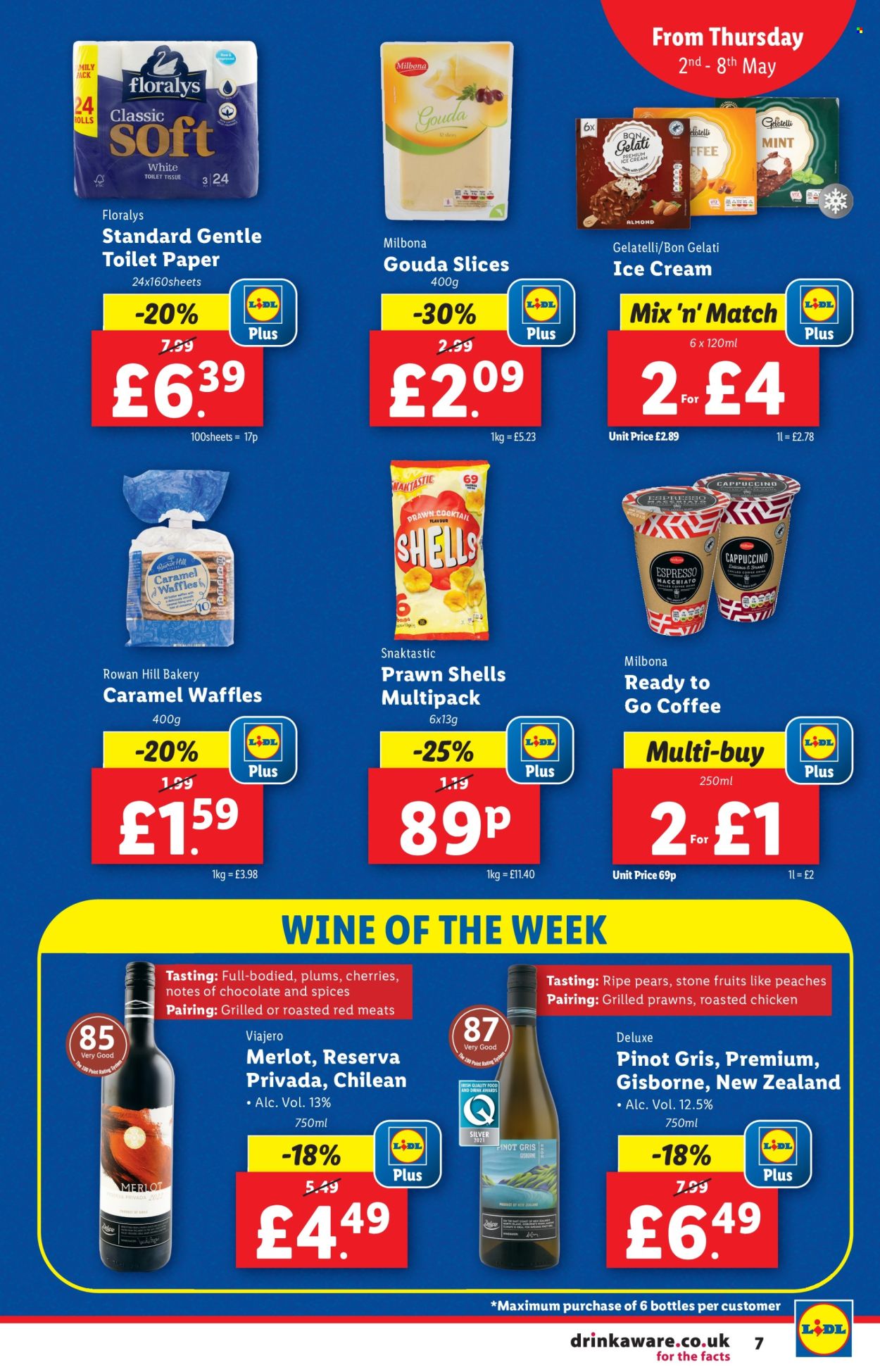 thumbnail - Lidl offer  - 02/05/2024 - 08/05/2024 - Sales products - alcohol, pears, peaches, waffles, chicken roast, ready meal, gouda, sliced cheese, ice cream, red wine, white wine, wine, Merlot, Pinot Grigio, toilet paper. Page 7.