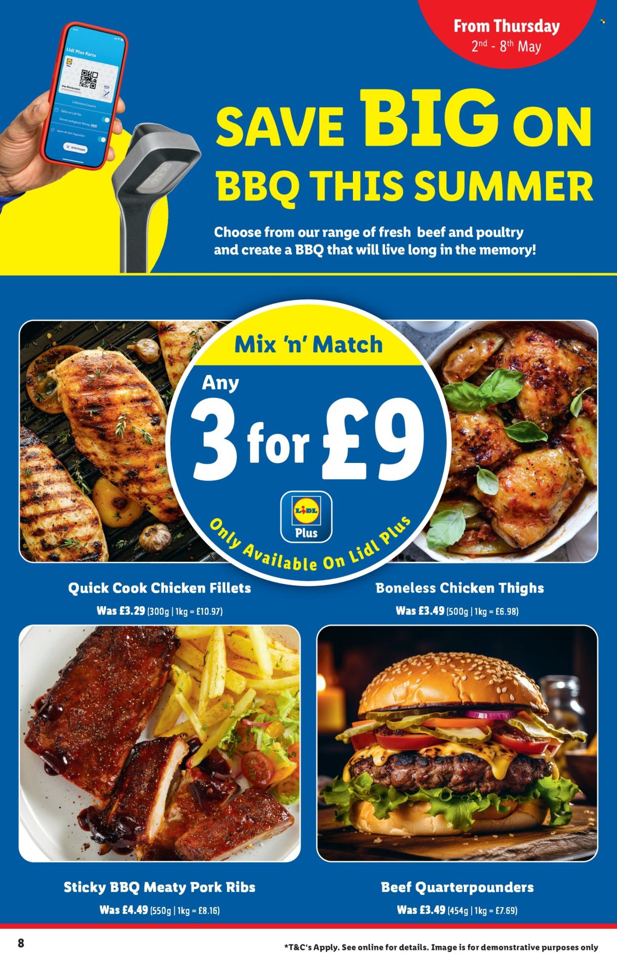 thumbnail - Lidl offer  - 02/05/2024 - 08/05/2024 - Sales products - chicken thighs, chicken, chicken fillet, boneless chicken thighs, ribs, pork meat, pork ribs, beef burger. Page 8.