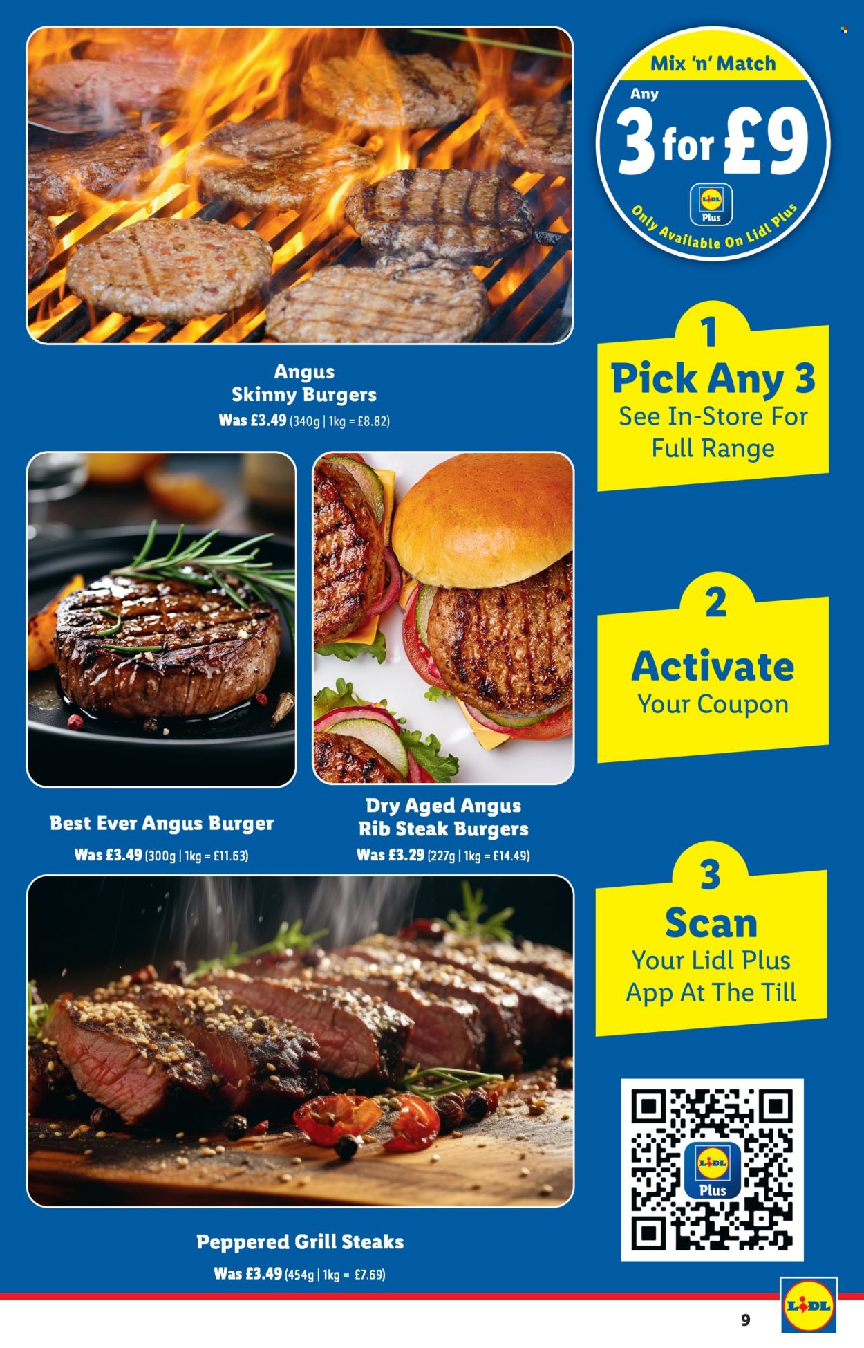thumbnail - Lidl offer  - 02/05/2024 - 08/05/2024 - Sales products - beef steak, steak, hamburger, beef burger, grill. Page 9.