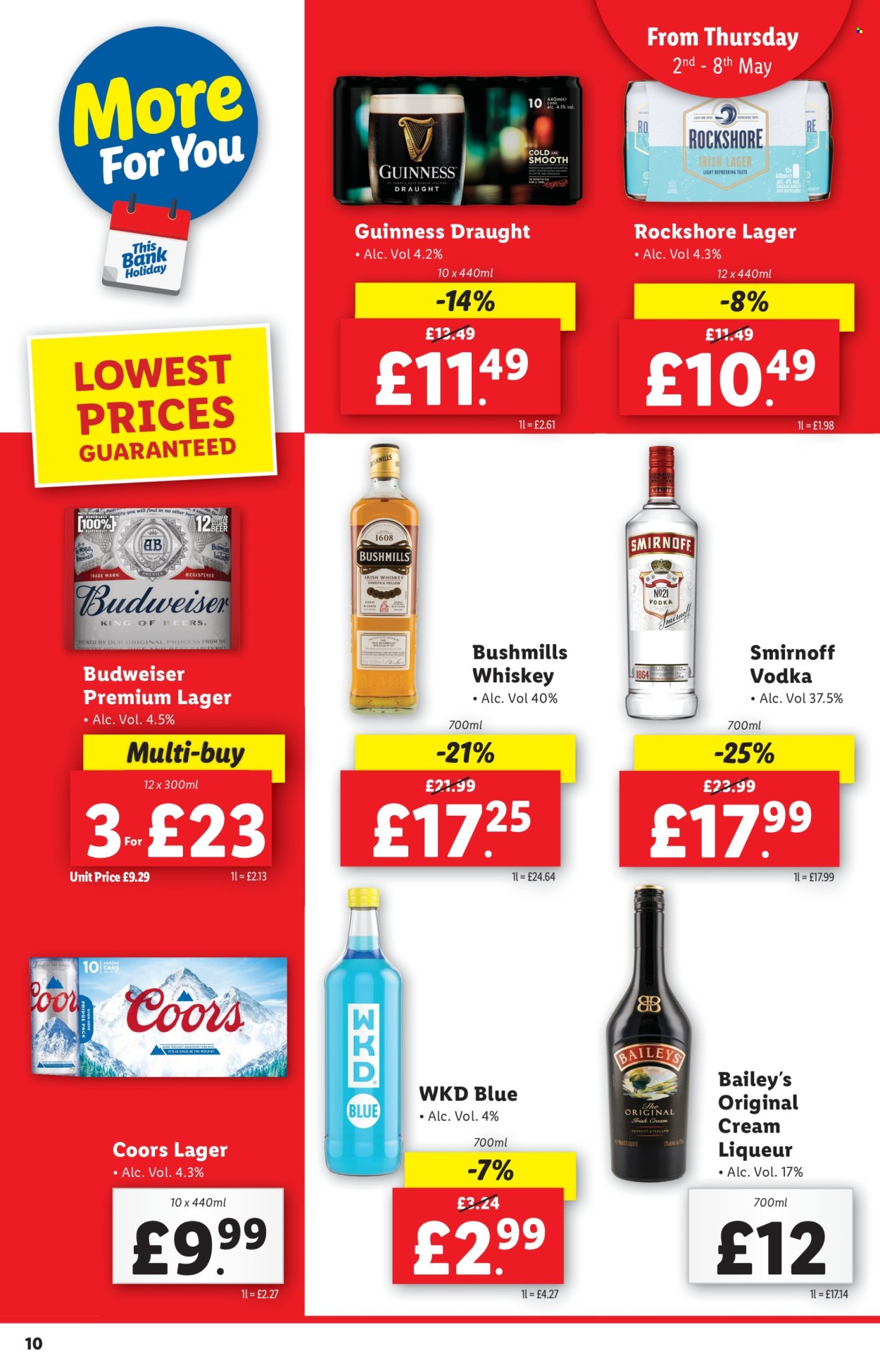 thumbnail - Lidl offer  - 02/05/2024 - 08/05/2024 - Sales products - Budweiser, Coors, beer, alcohol, Guinness, Lager, Rockshore, Baileys, liqueur, Smirnoff, vodka, whiskey, irish whiskey, liquor, Bushmill's, refrigerator, fridge. Page 10.