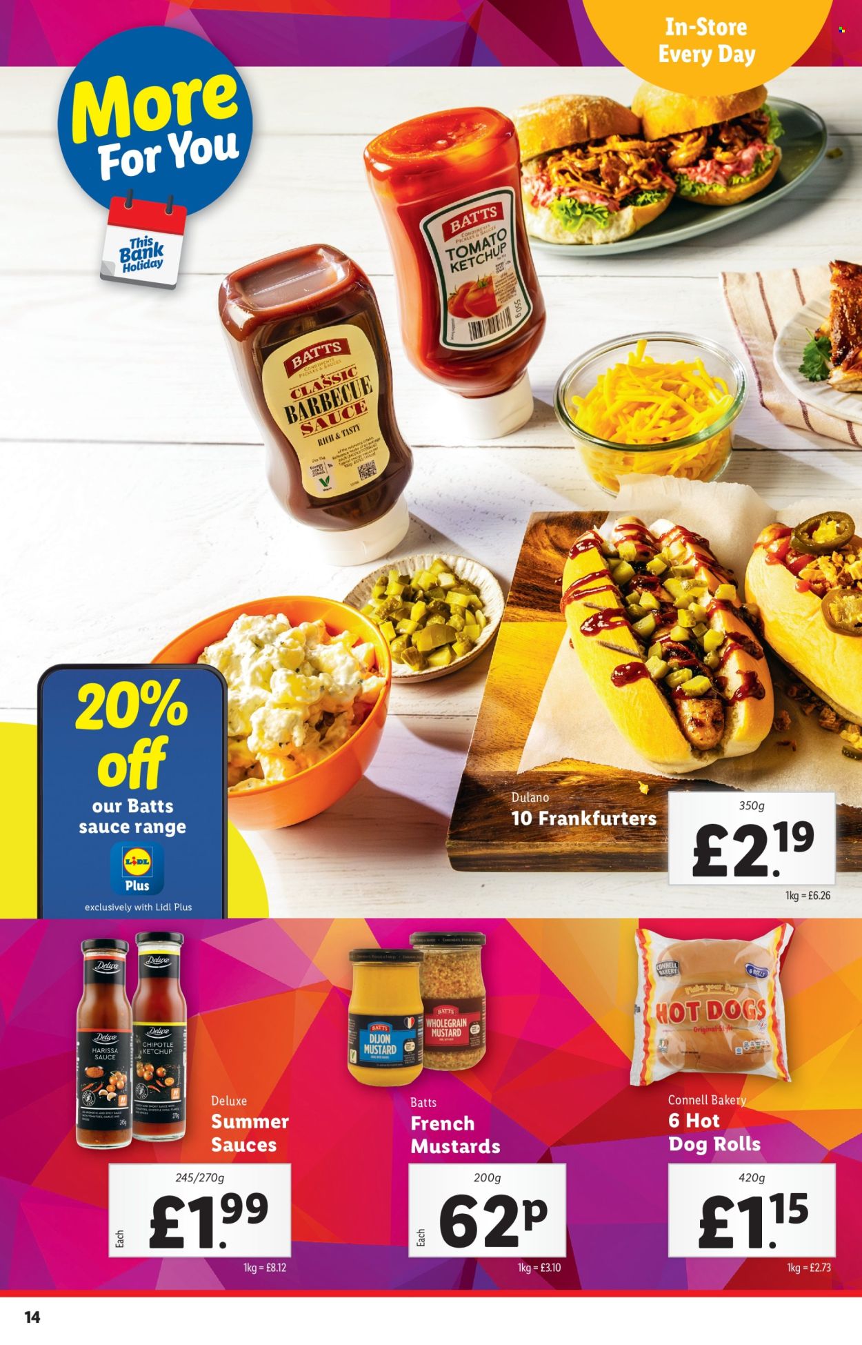 thumbnail - Lidl offer  - 02/05/2024 - 08/05/2024 - Sales products - garlic, salad, hot dog rolls, frankfurters, pickles, pickled vegetables, spice, BBQ sauce, mustard, ketchup, sauce. Page 14.