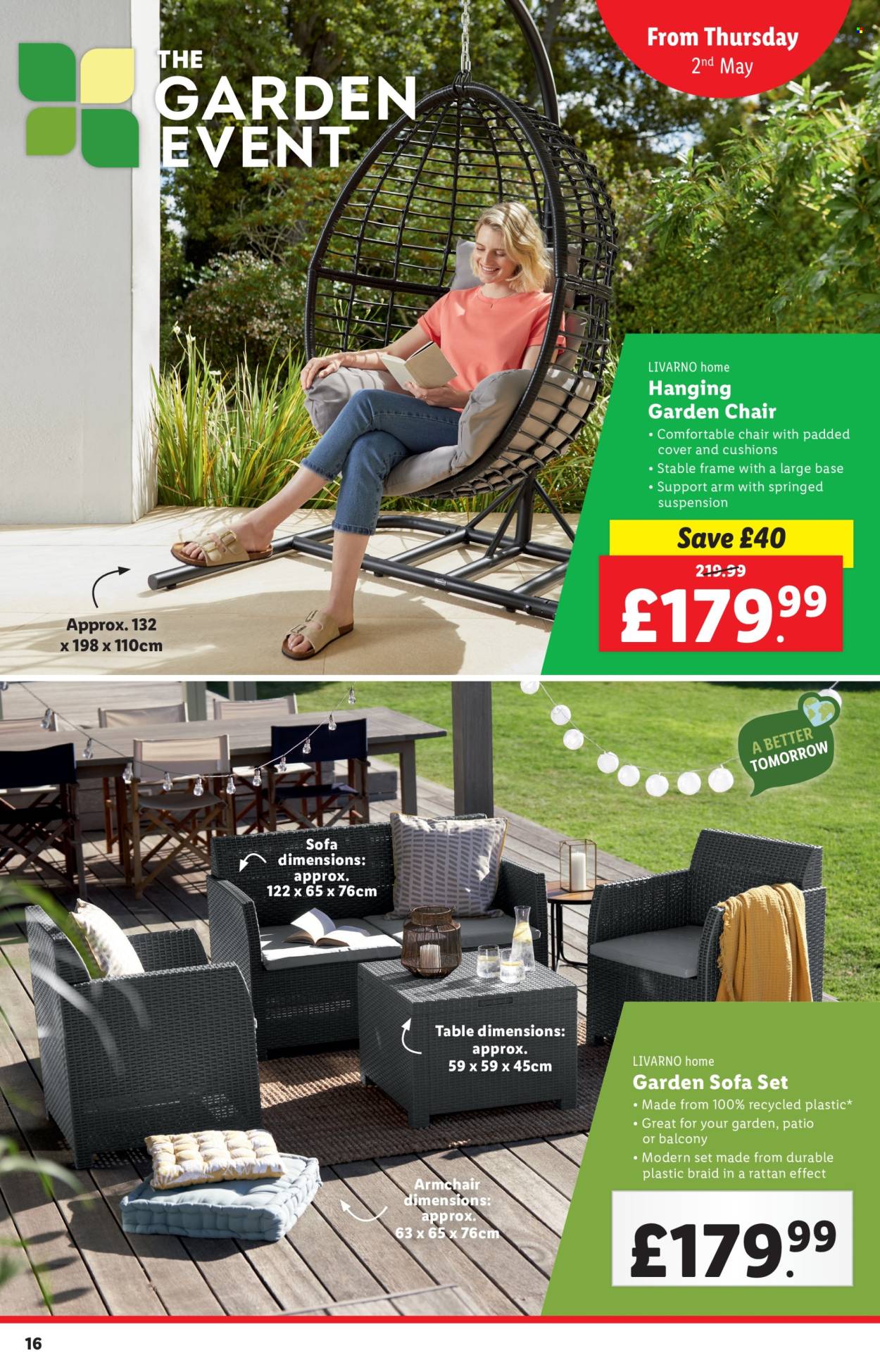 thumbnail - Lidl offer  - 02/05/2024 - 08/05/2024 - Sales products - chair, arm chair, sofa, seating set, patio chair, patio swing, cushion. Page 16.