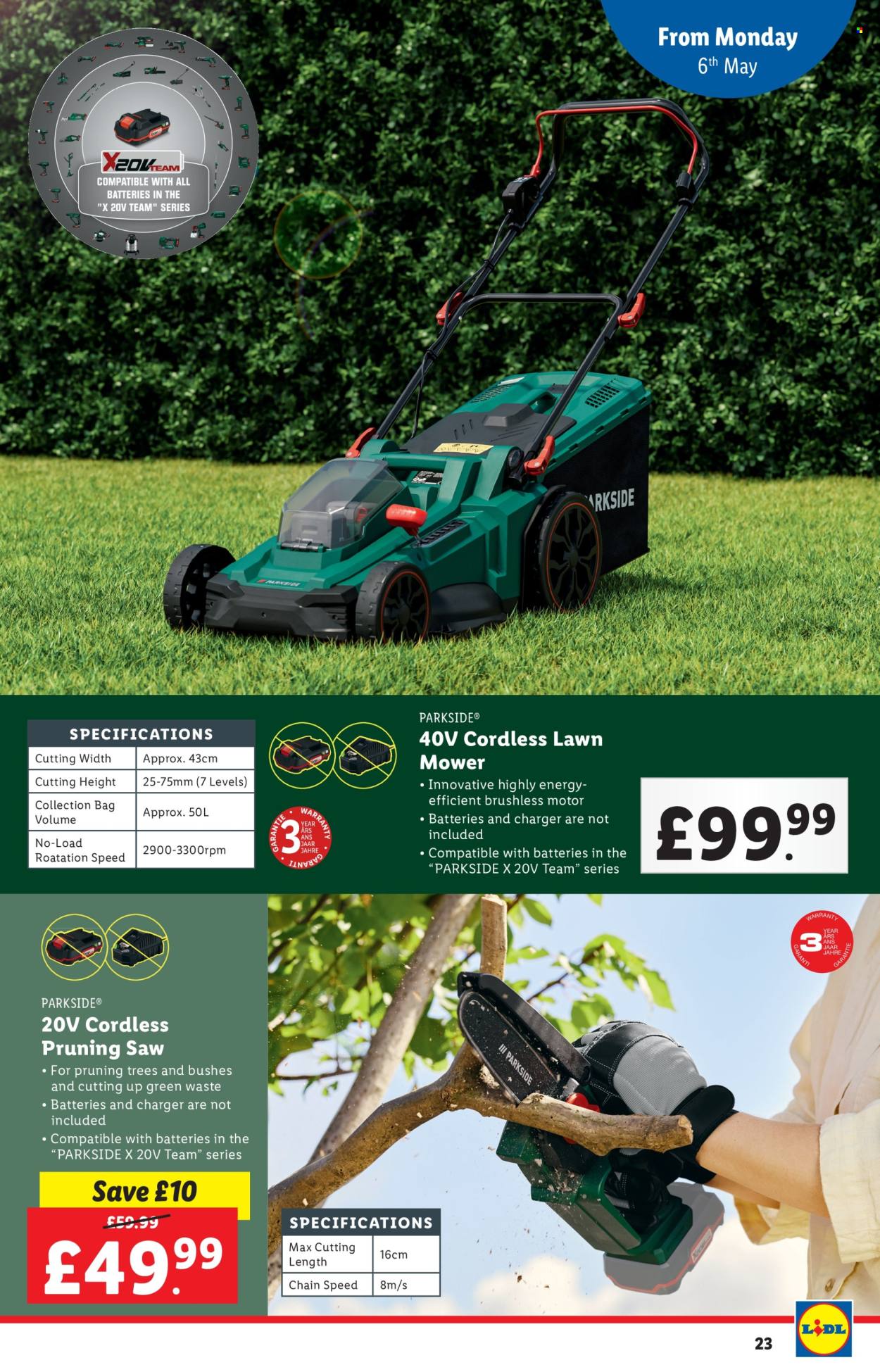 thumbnail - Lidl offer  - 02/05/2024 - 08/05/2024 - Sales products - bag, Parkside, saw, pruning saw, lawn mower. Page 23.