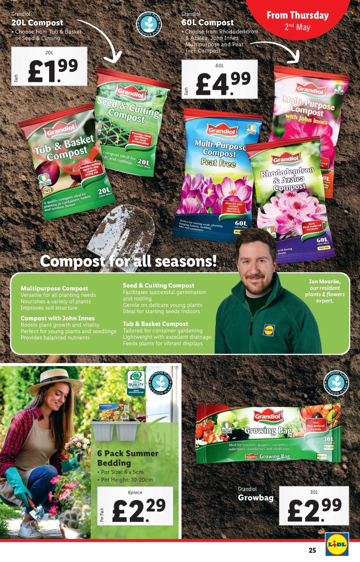 thumbnail - Lidl offer  - 02/05/2024 - 08/05/2024 - Sales products - container, basket, bedding, flowers, rhododendron, compost. Page 25.