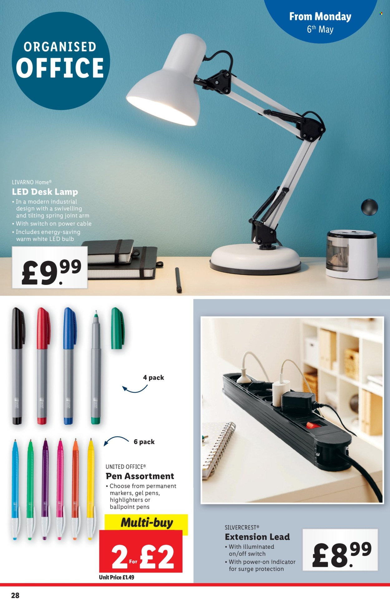 thumbnail - Lidl offer  - 02/05/2024 - 08/05/2024 - Sales products - SilverCrest, highlighters, pen, marker, ball pen, gel pen, bulb, LED bulb, lamp, table lamp, surge, extension lead. Page 28.