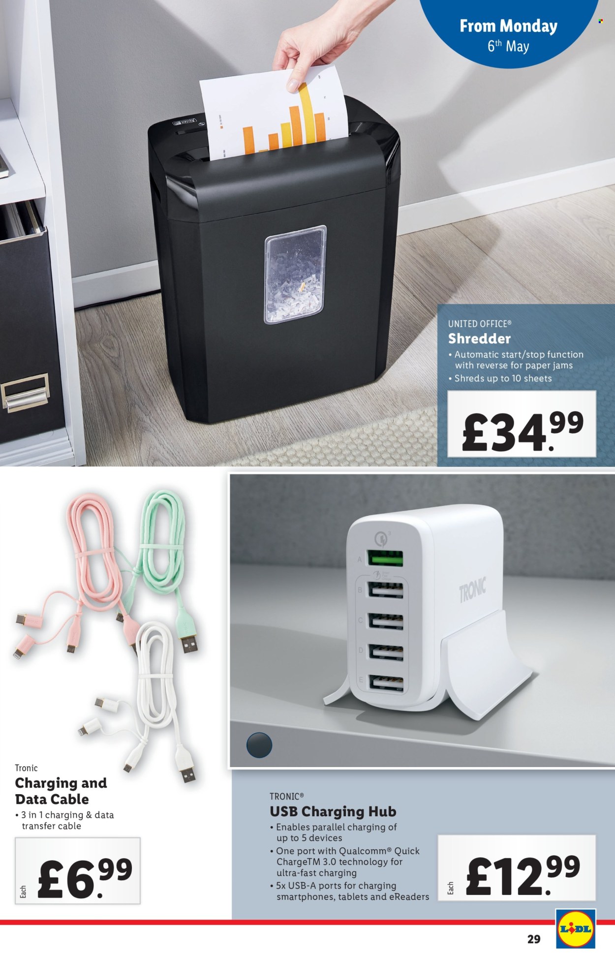 thumbnail - Lidl offer  - 02/05/2024 - 08/05/2024 - Sales products - paper, data cable, charge hub, USB hub, shredder. Page 29.