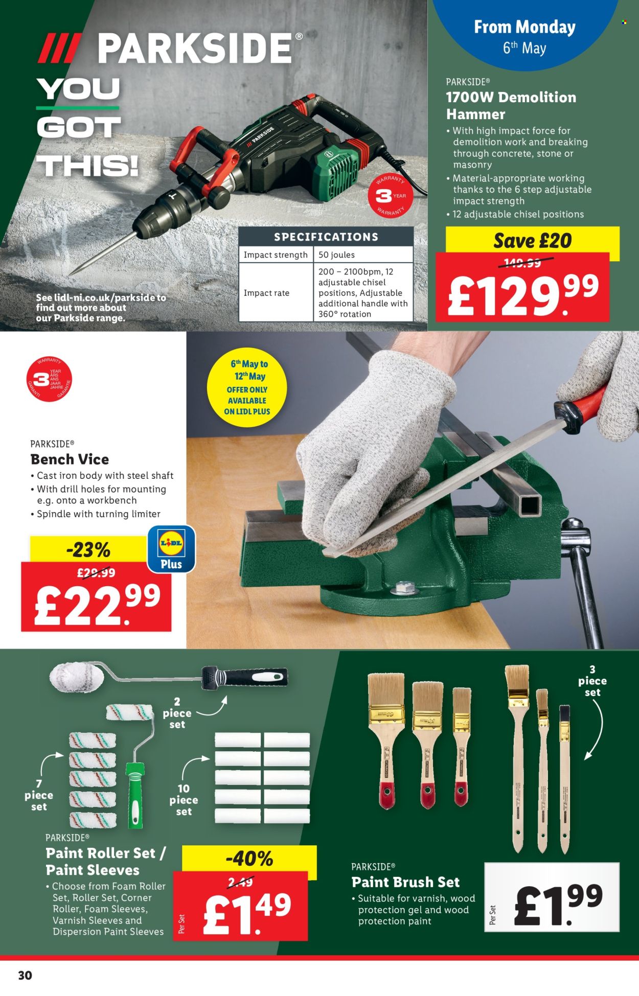 thumbnail - Lidl offer  - 02/05/2024 - 08/05/2024 - Sales products - work bench, brush set, paint brush, painting tools, P30, roller, hammer, Parkside, bench vice. Page 30.