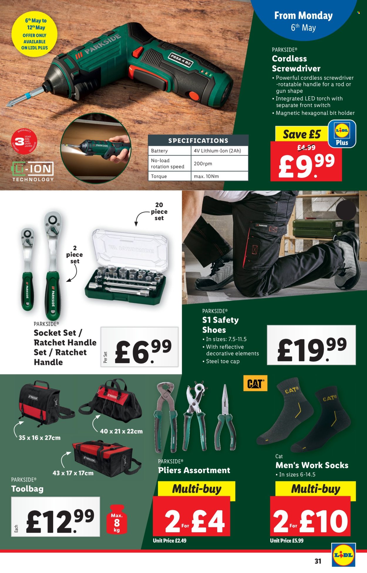 thumbnail - Lidl offer  - 02/05/2024 - 08/05/2024 - Sales products - shoes, safety boots, switch, P30, socks, torch, gun, Parkside, screwdriver, pliers, socket set, work socks. Page 31.