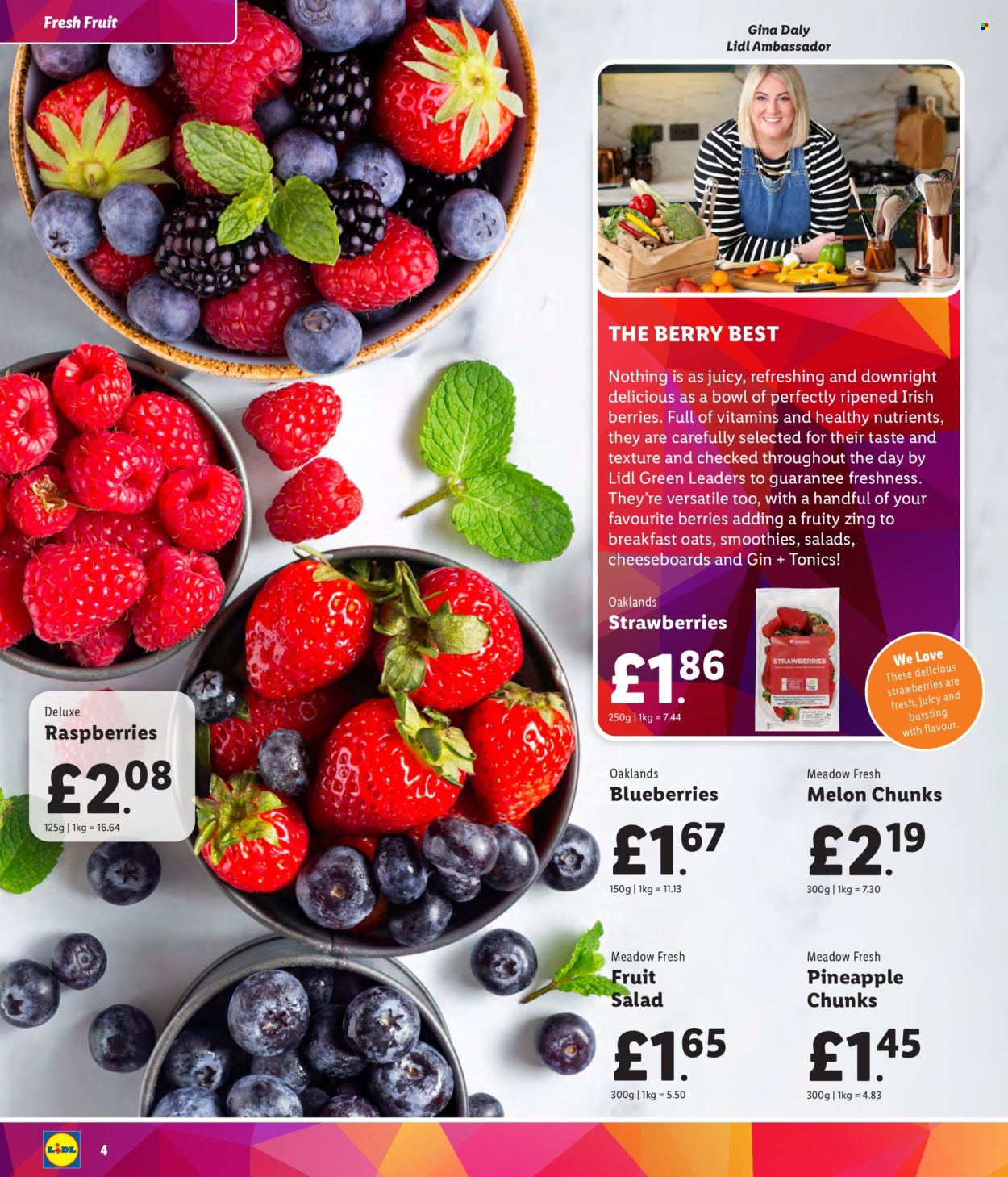 thumbnail - Lidl offer  - Sales products - alcohol, salad, blueberries, raspberries, melons, diced fruit, oats, fruit salad, smoothie, gin, dietary supplement, vitamins. Page 4.