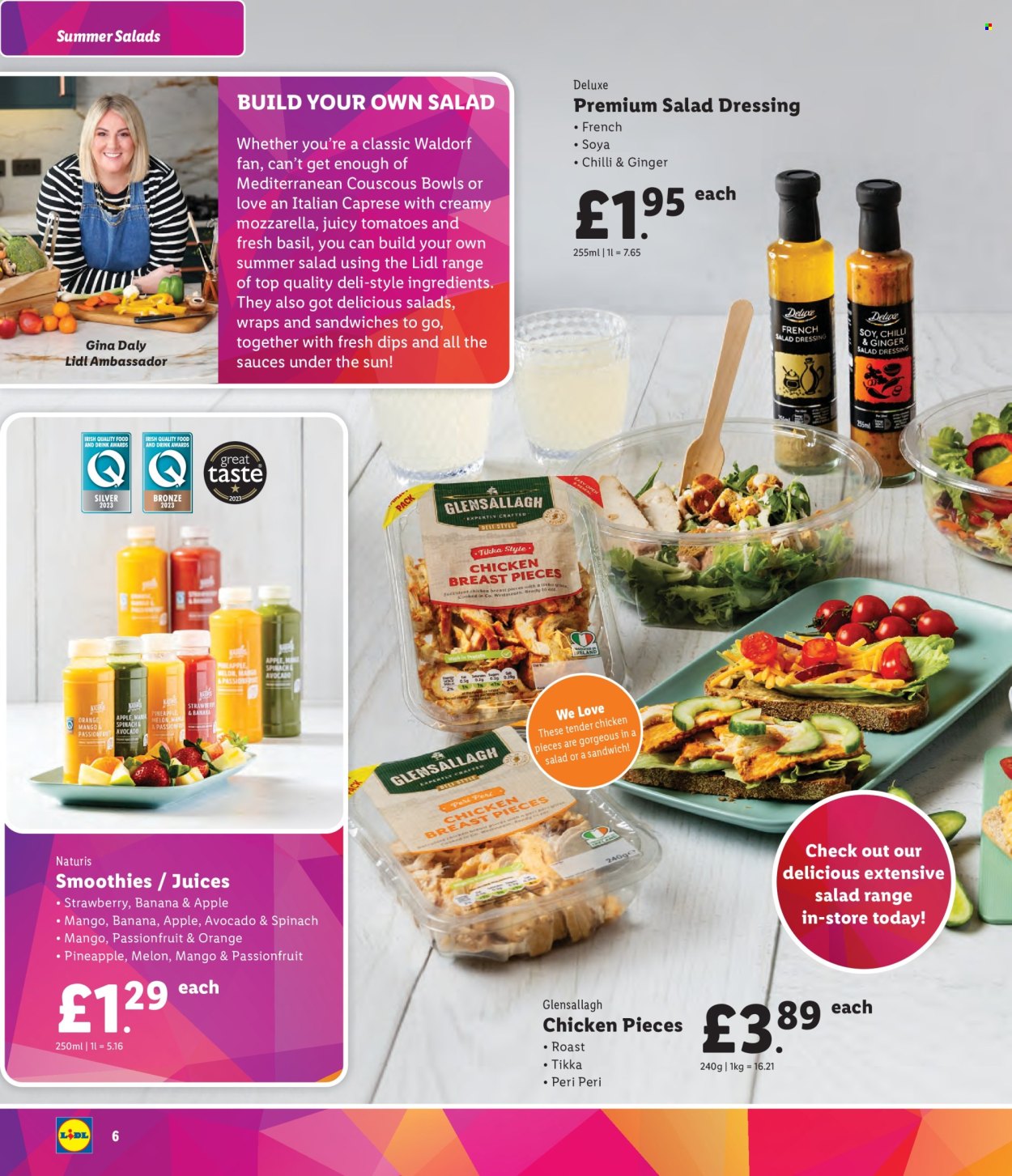 thumbnail - Lidl offer  - Sales products - avocado, pineapple, melons, roast, wraps, sandwich, mozzarella, cheese, couscous, basil, salad dressing, dressing, juice, smoothie, bowl, Tikka. Page 6.