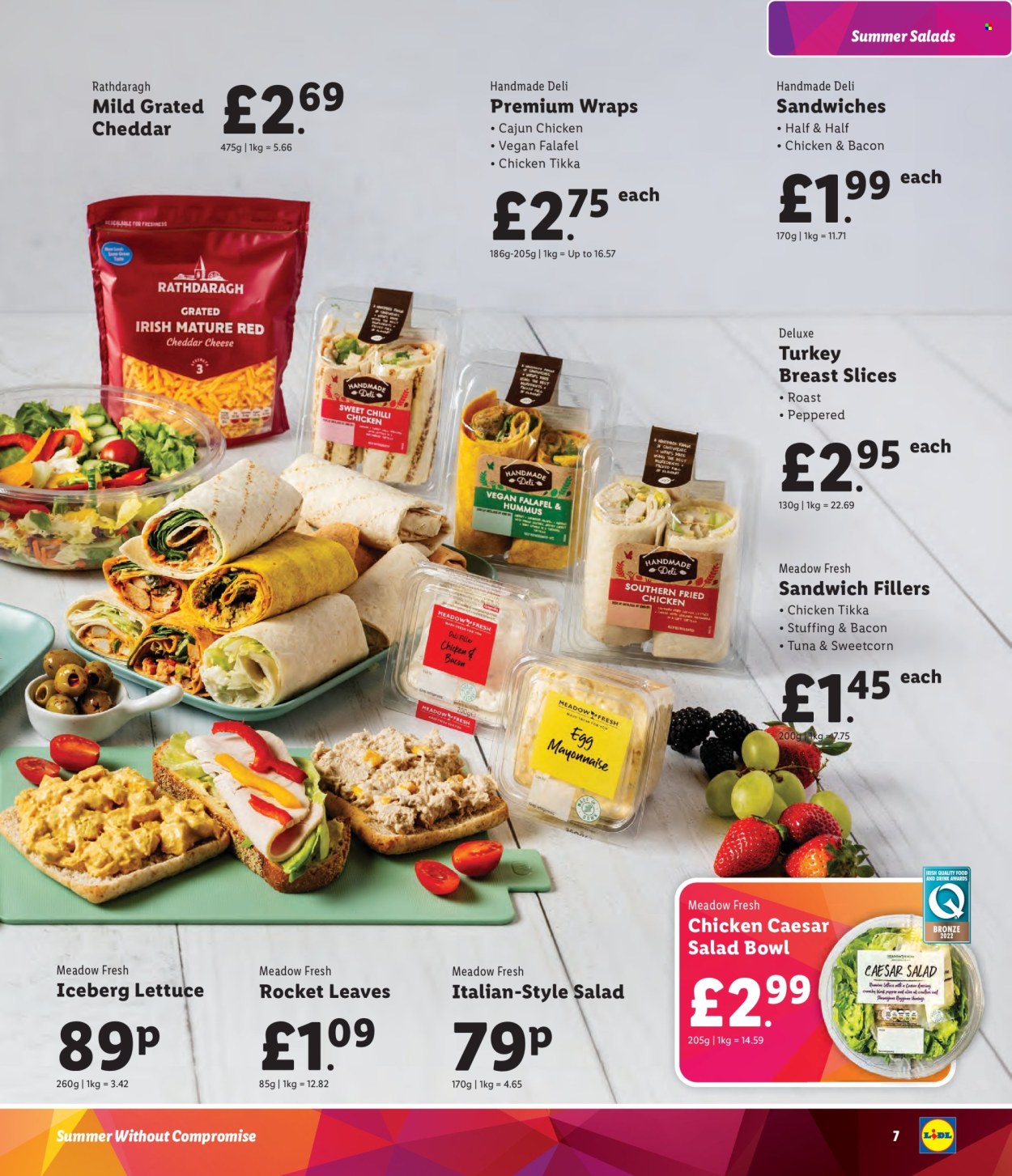 thumbnail - Lidl offer  - Sales products - rocket, lettuce, salad, roast, wraps, tuna, sandwich, fried chicken, ready meal, plant based ready meal, falafel, turkey ham, hummus, sandwich filling, cheddar, pepper, dressing, eggs. Page 7.