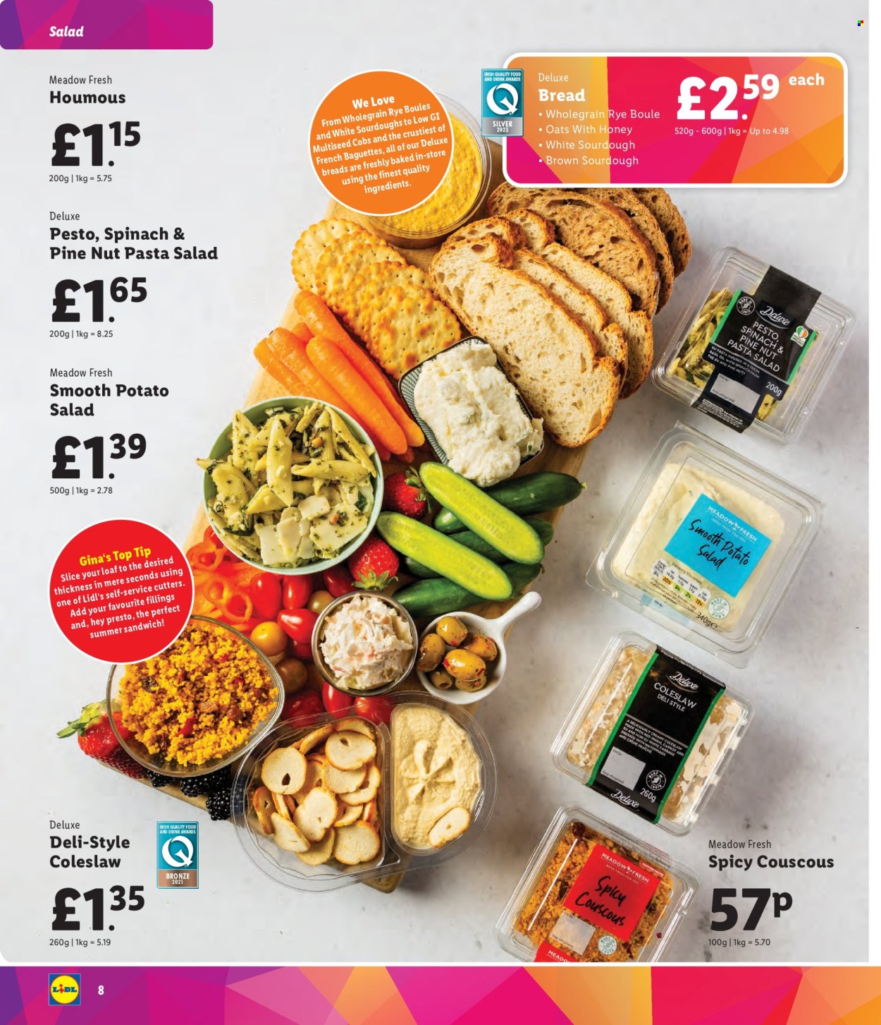 thumbnail - Lidl offer  - Sales products - coleslaw, bread, pastries, pasta salad, houmous, potato salad, couscous. Page 8.