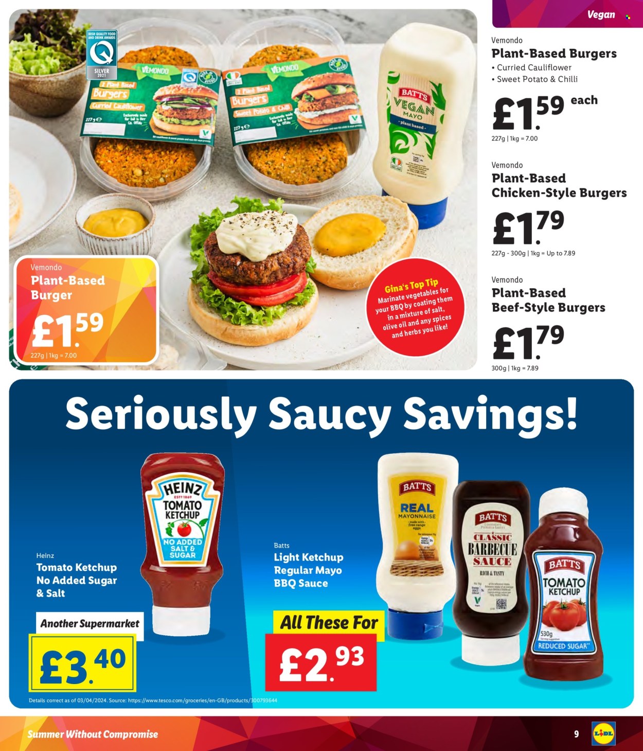 thumbnail - Lidl offer  - Sales products - cauliflower, chicken, plant based ready meal, plant based product, vegan meat, mayonnaise, vegan mayonnaise, Heinz, spice, BBQ sauce, ketchup, olive oil, eggs, sauce. Page 9.