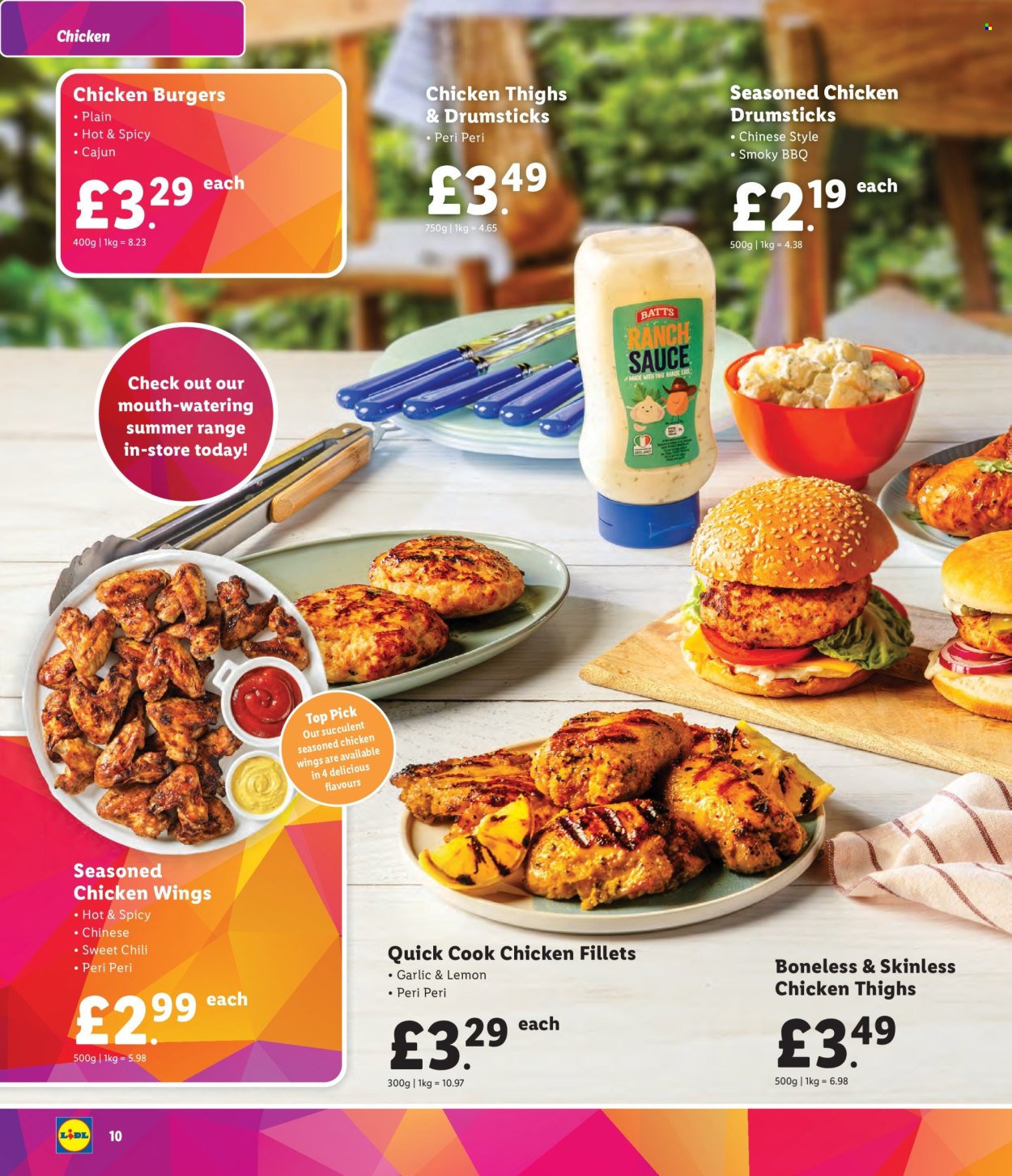 thumbnail - Lidl offer  - Sales products - lemons, chicken thighs, chicken wings, chicken drumsticks, chicken fillet, hamburger, succulent, sauce. Page 10.
