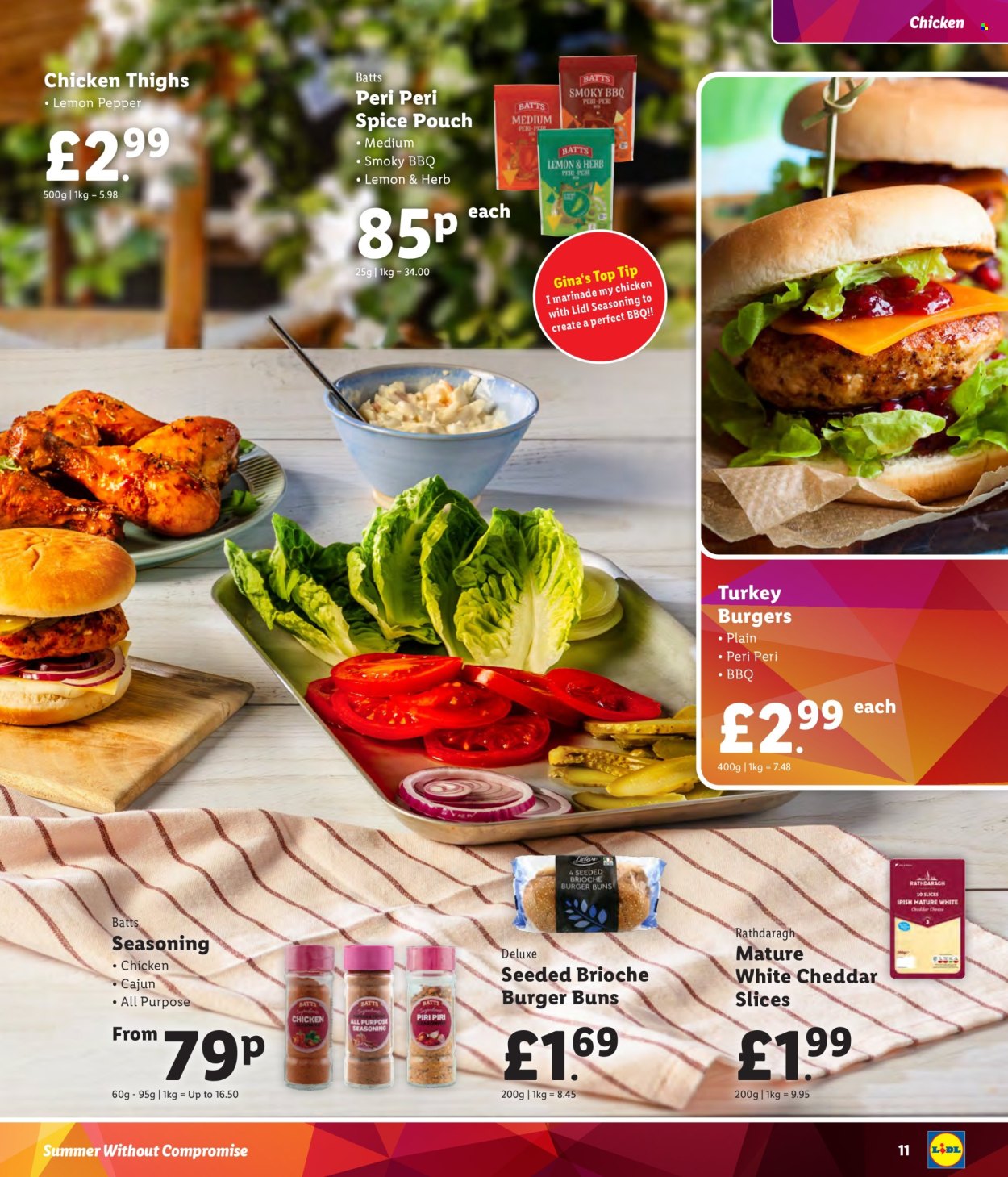thumbnail - Lidl offer  - Sales products - chicken thighs, turkey burger, buns, burger buns, brioche, sliced cheese, cheddar, cheese, pepper, spice, seasoning, marinade. Page 11.
