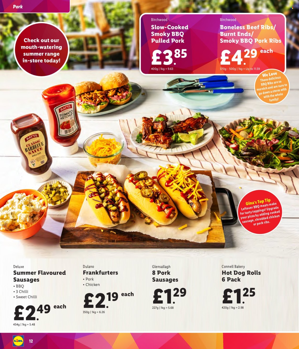 thumbnail - Lidl offer  - Sales products - beef meat, beef ribs, pork meat, pork ribs, hot dog rolls, pizza, pulled pork, ready meal, sausage, pork sausage, frankfurters, topping, BBQ sauce, ketchup. Page 12.