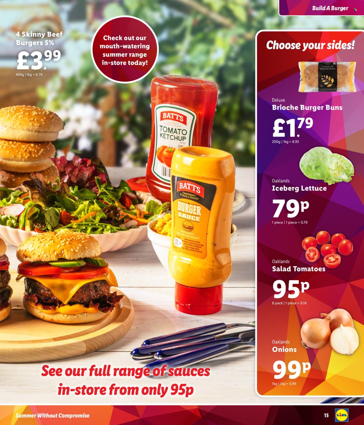 thumbnail - Lidl offer  - Sales products - tomatoes, onion, lettuce, salad tomatoes, buns, burger buns, brioche, beef burger, pickles, pickled vegetables, ketchup, PS, sauce. Page 15.
