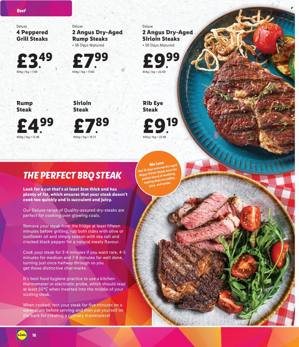 thumbnail - Lidl offer  - Sales products - beef meat, beef sirloin, steak, sirloin steak, rump steak, ribeye steak, olives, black pepper, sunflower oil, Plenty, thermometer, plate, grill, succulent. Page 16.