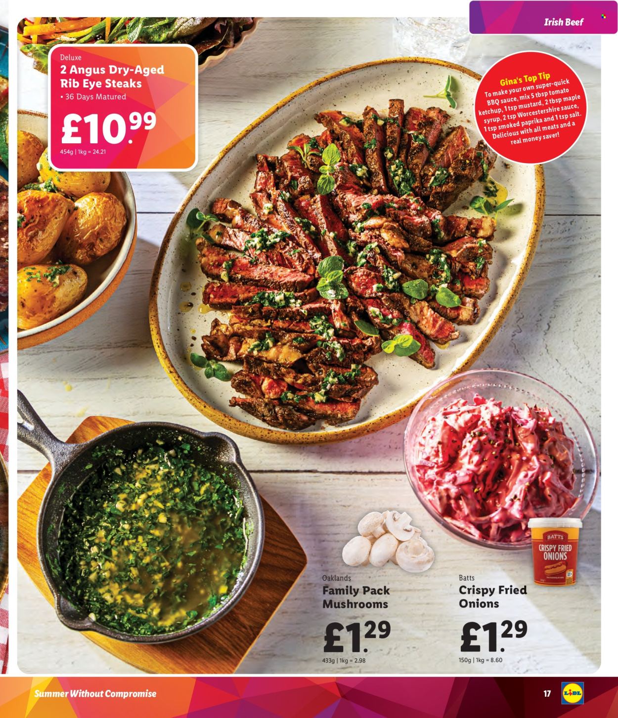 thumbnail - Lidl offer  - Sales products - mushrooms, beef meat, steak, onion rings, fried onions, BBQ sauce, mustard, worcestershire sauce, ketchup, maple syrup, syrup, sauce. Page 17.