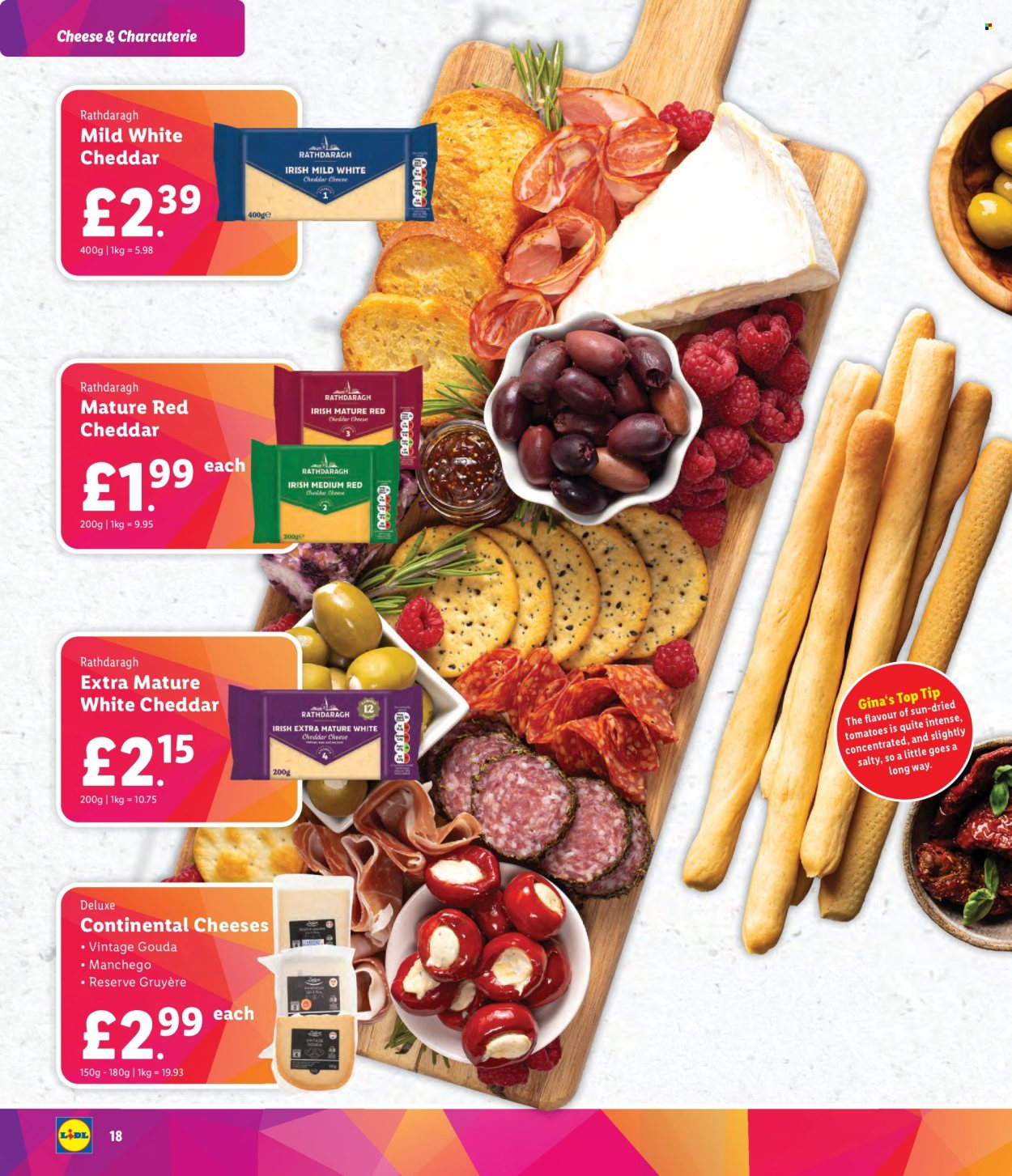 thumbnail - Lidl offer  - Sales products - charcuterie, gouda, Gruyere, Manchego, mild cheddar, cheddar, dried tomatoes. Page 18.